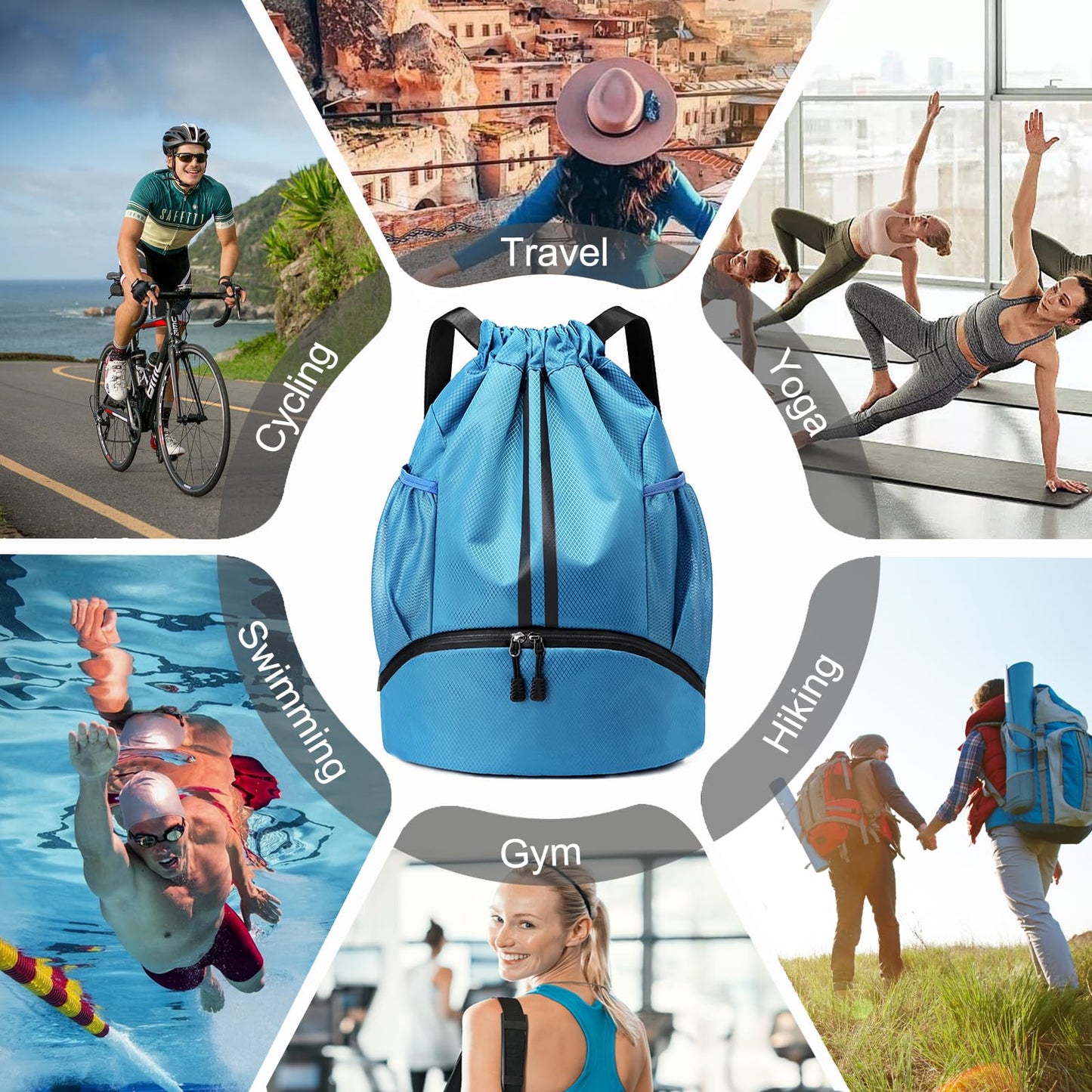 Sports Drawstring Backpack - Swim Gym Bag for Women and Men, Sky Blue
