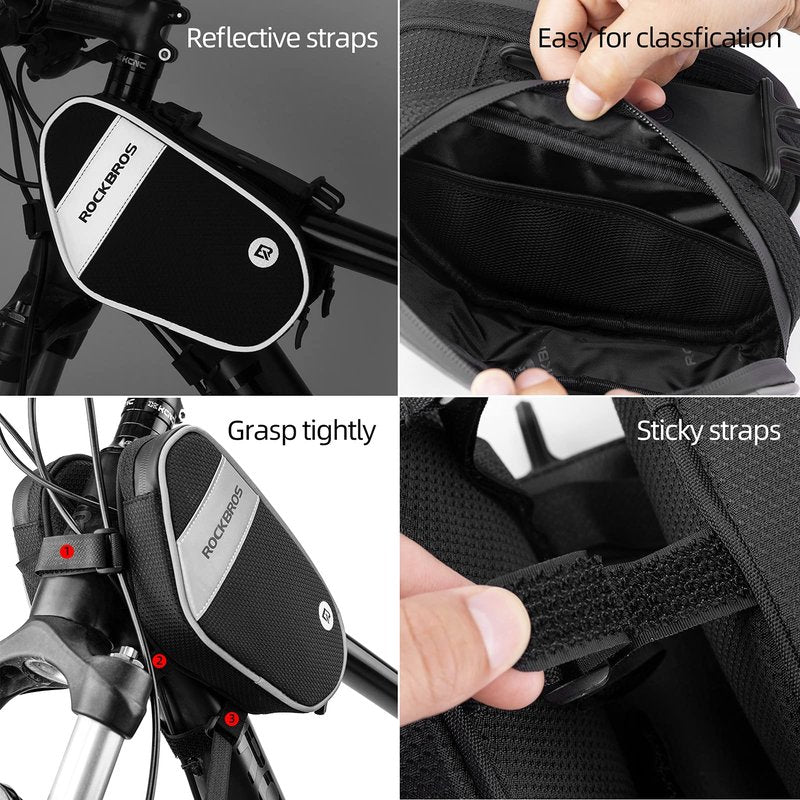 ROCKBROS Bike Front Frame Bag Top Tube Bike Phone Mount Bag Waterproof Bicycle Handlebar Cycling Accessories Pouch with 360° Rotation Phone Holder Fit Smartphone Below 7''
