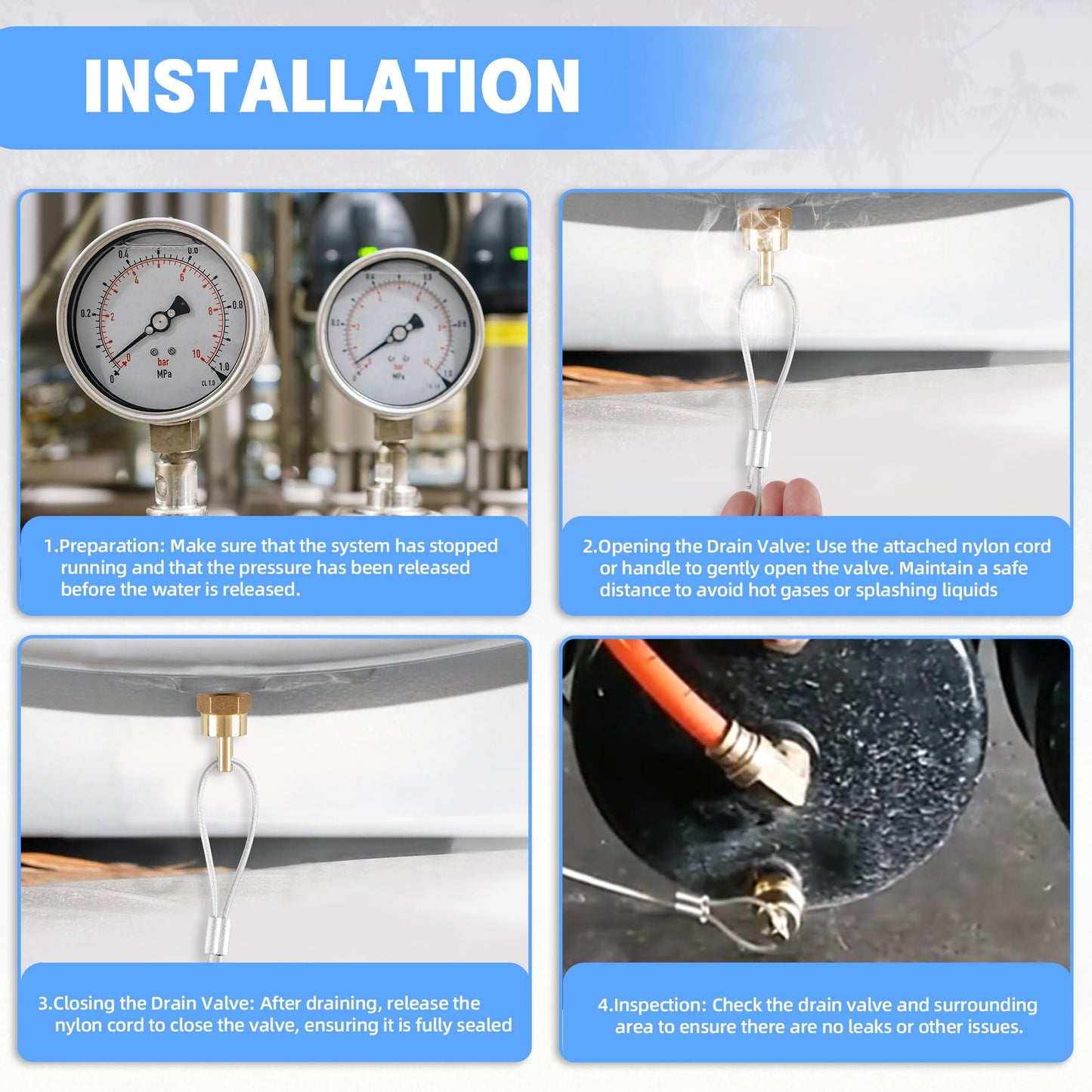 3/8” Air Tank Drain Valve Plug with 60” Cable, Dazakoot Brass Tank Drain Valve Replacement Part, Tank Drain Valve Max Working Pressure 350PSI - 2Pack