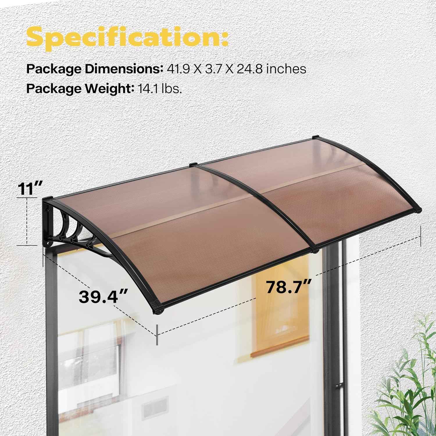 40-Inch VIVOHOME Polycarbonate Window Door Awning Canopy - Brown with Black Bracket