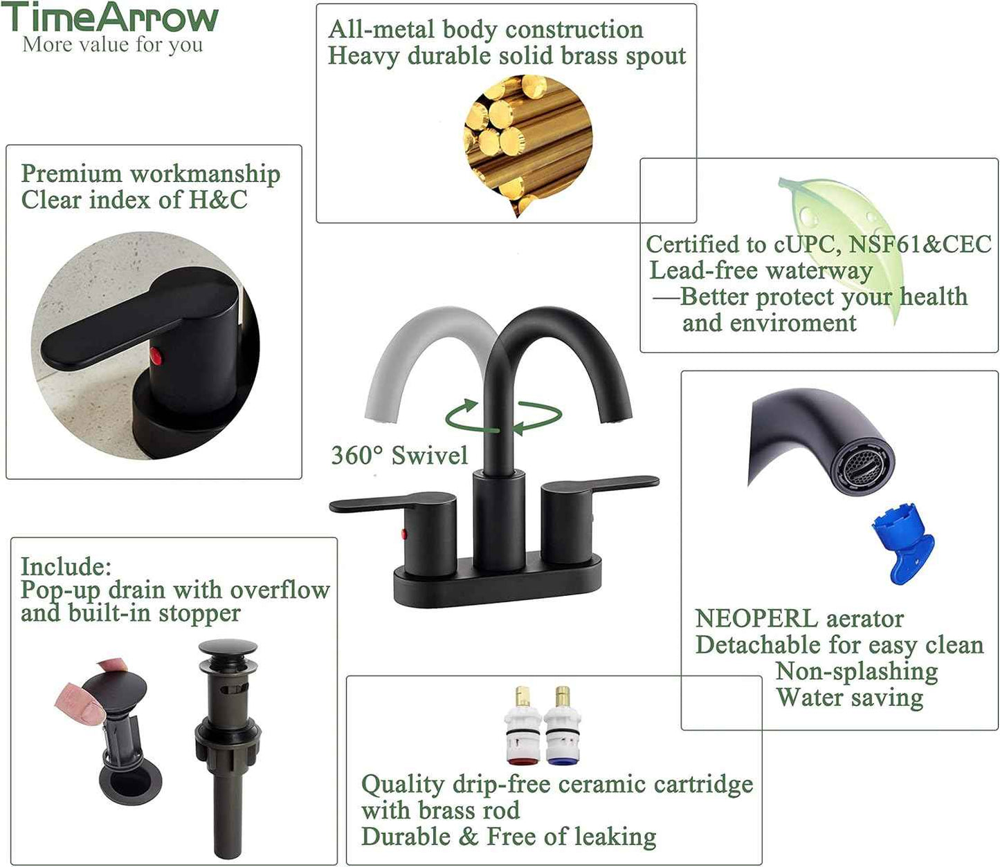 Brushed Gold Bathroom Sink Faucet - Modern 4-Inch Centerset with 360° Swivel Spout & Drain Assembly