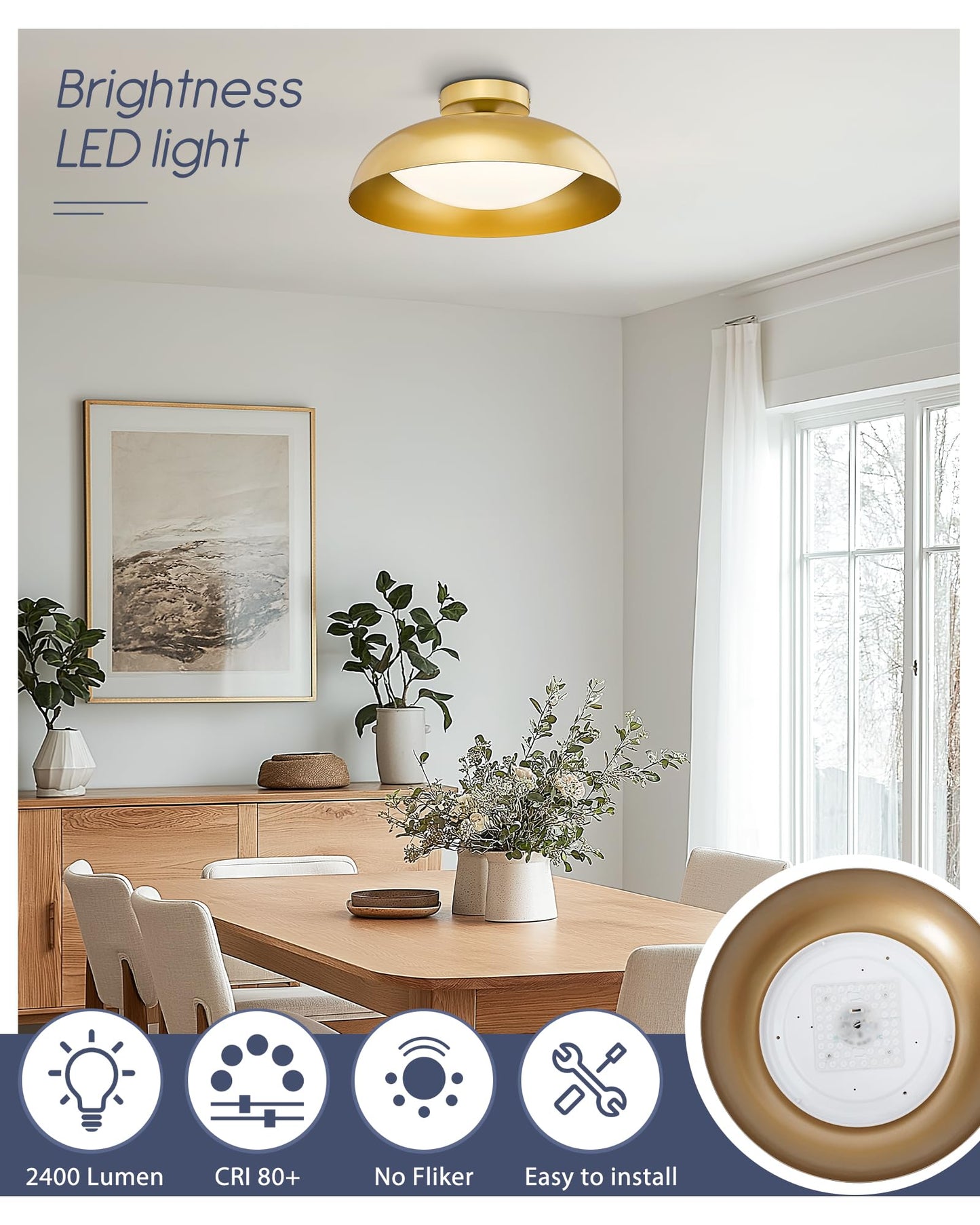 kudos Gold Semi Flush Mount Ceiling Light, 16 Inch LED Ceiling Light Fixtures, 23W/1300Lm Light Fixtures Ceiling Mount, 5CCT Adjustable, KDCL02-GD