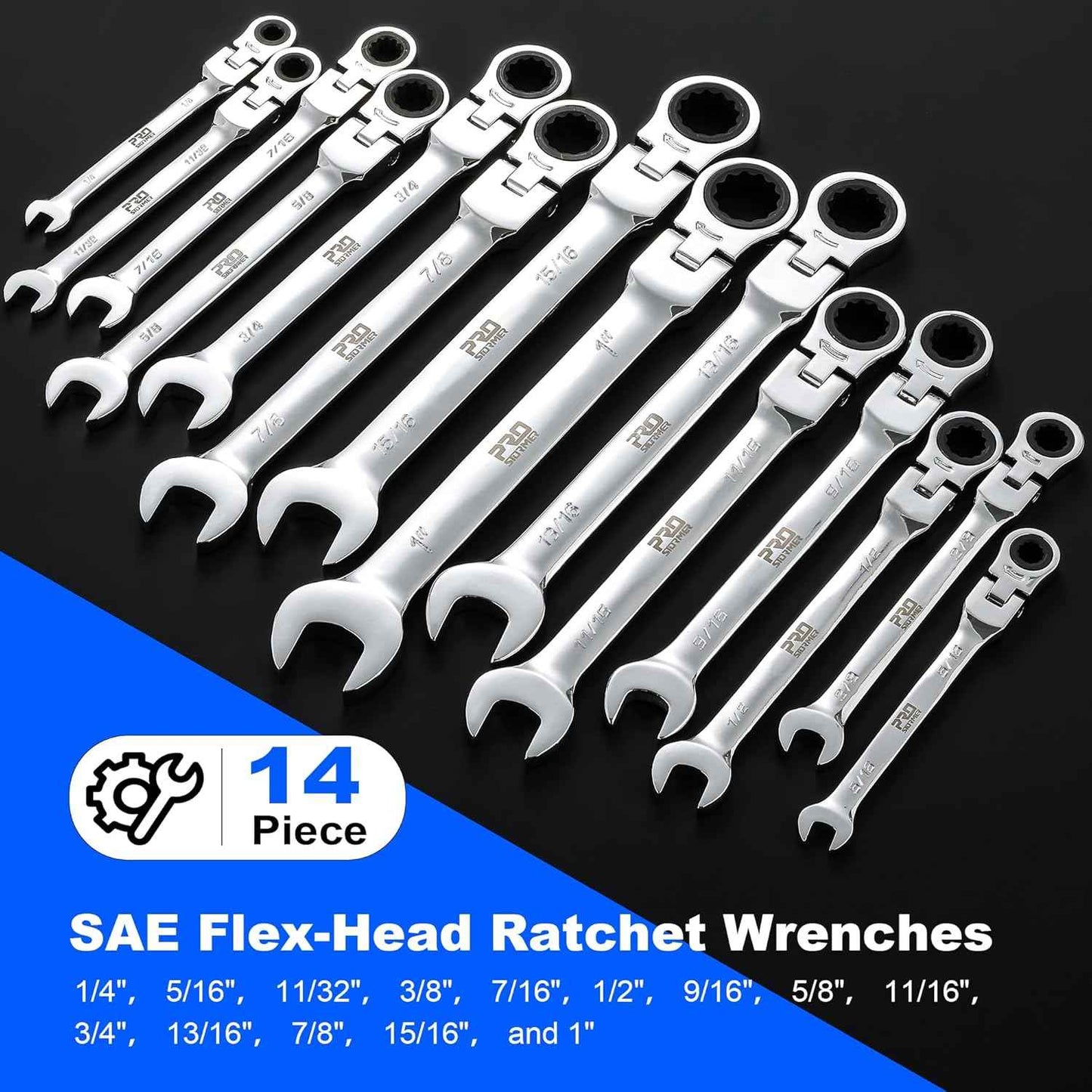 14-Piece Metric Ratcheting Wrench Set - Flex-Head, 72 Tooth, Cr-V Steel with Storage Case (6-19mm)