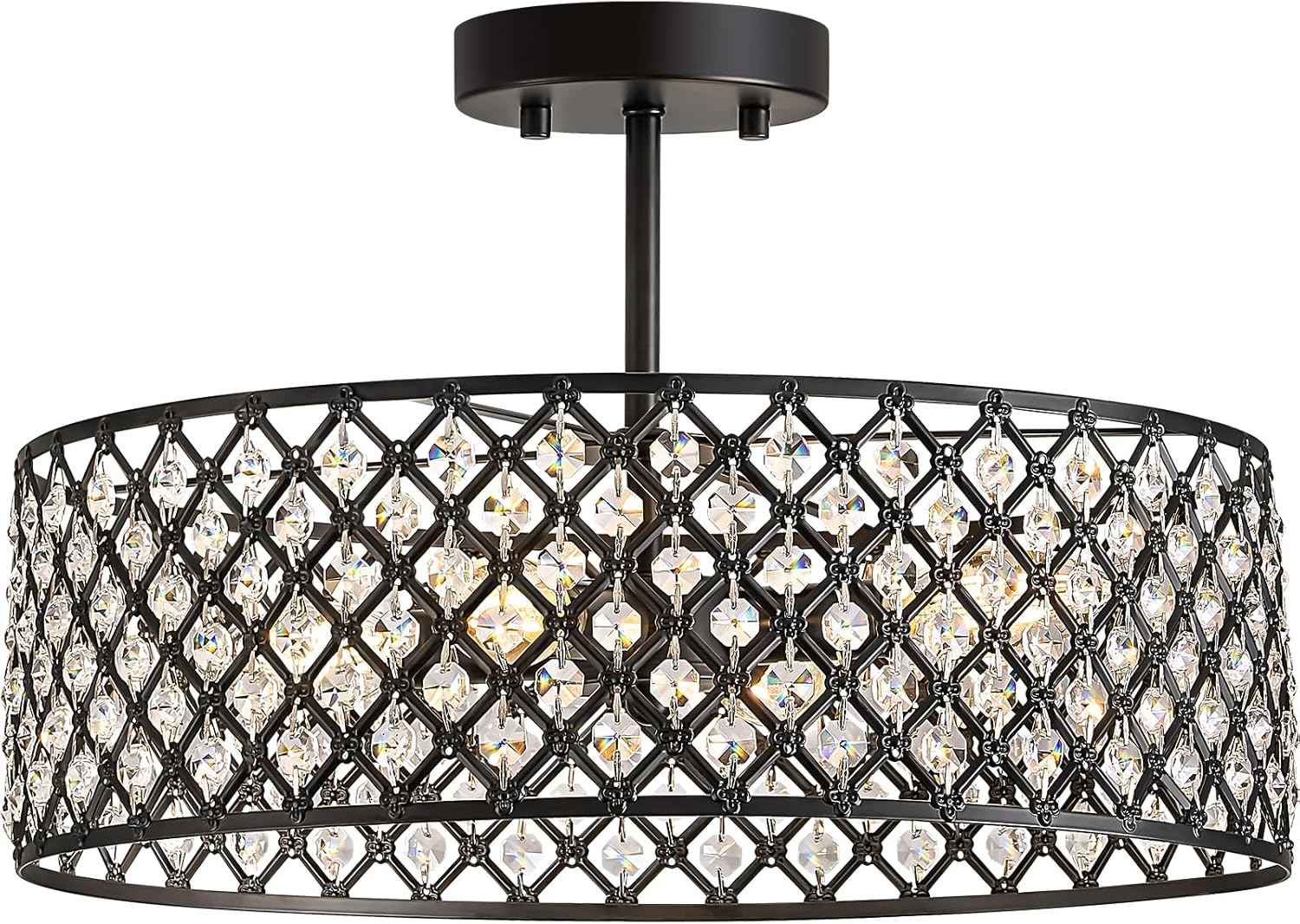 Modern Black Crystal Semi Flush Mount Ceiling Light Fixture - 11.2" Round Chandelier for Dining Room, Hallway, Kitchen & Bedroom