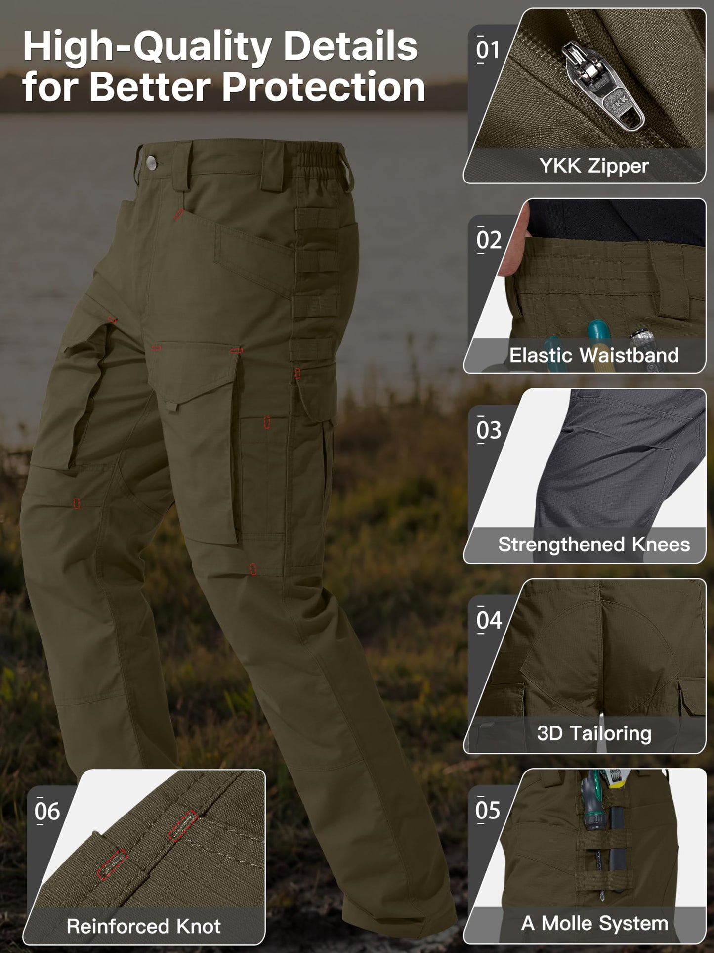 FREE SOLDIER Men's Cargo Pants,Tactical Pants for Men Stretch,Durable Ripstop EDC Work Pants for Hiking (Dark Green 42Wx30L)