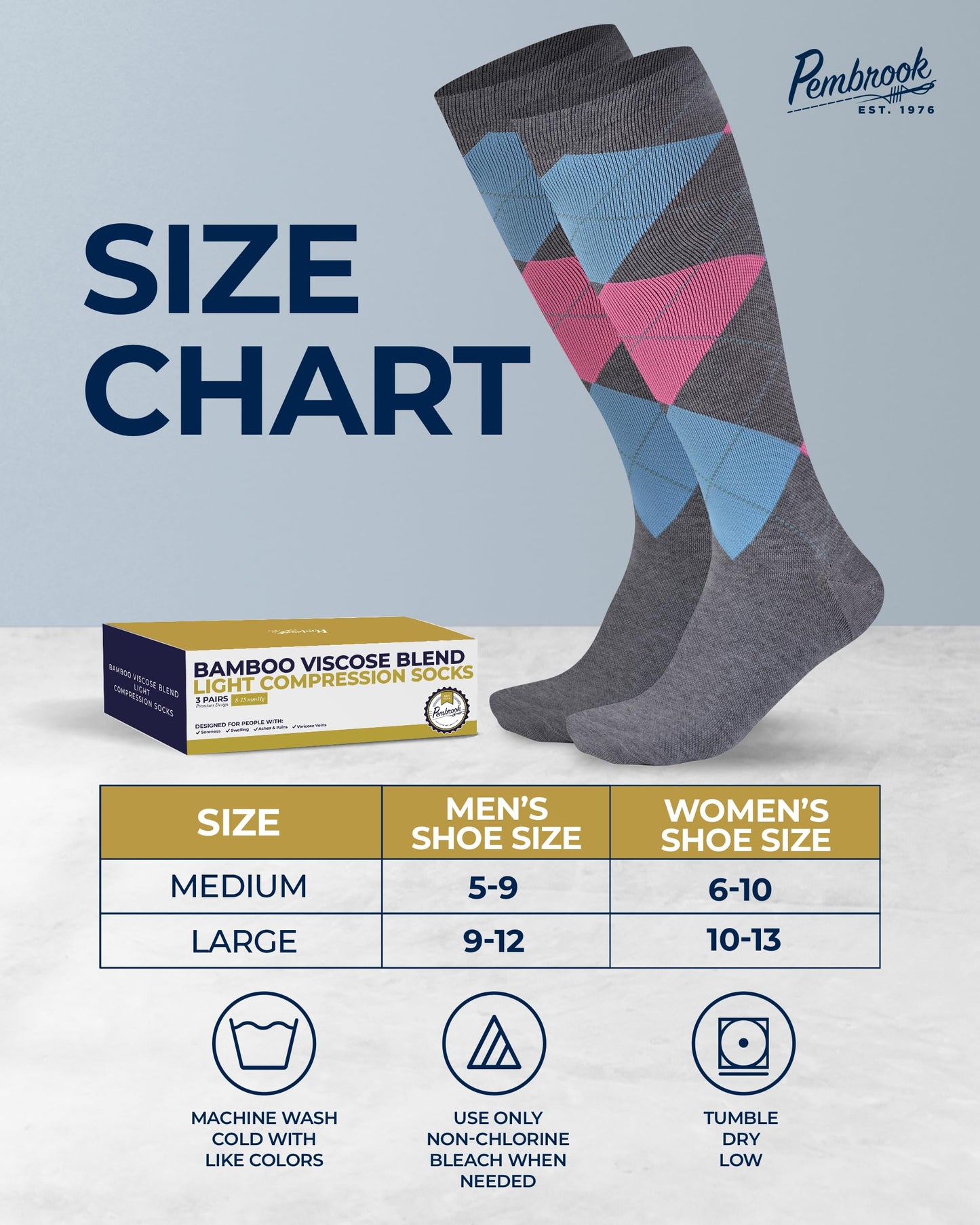 Pembrook Bamboo Viscose Light Compression Socks - 3 Pairs | 8-15 mmhg Compression Socks | Knee High Comfort Support Socks