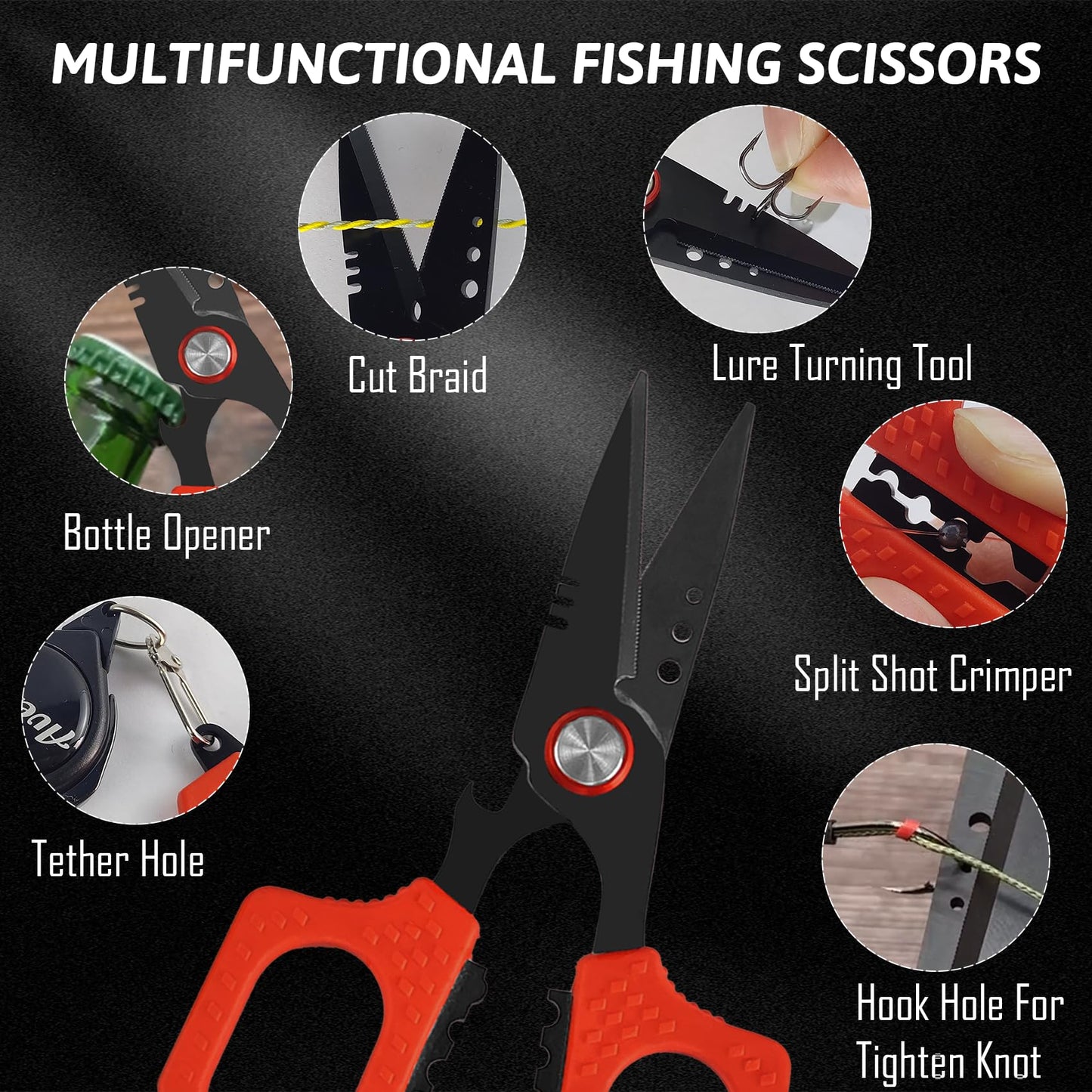 Eupheng 4.7" Pro Fishing Scissors for Braided Line Mono Fluorocarbon with Zinger Retractor Clip Dual Serrated Titanium Coating Blades for Non-Slip Grip Multifunction Fishing Shears with Bottle Opener