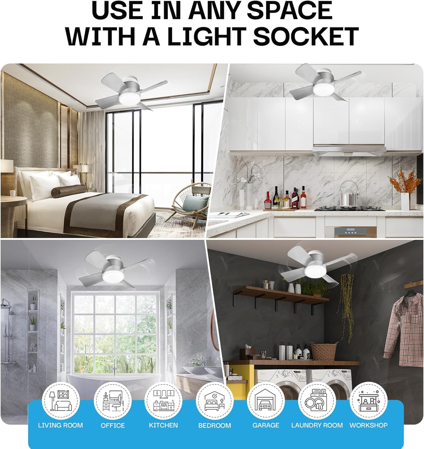 Socket Breeze Ceiling Fan with Light & Remote - Portable 3500K 1000 Lumens E26/E27