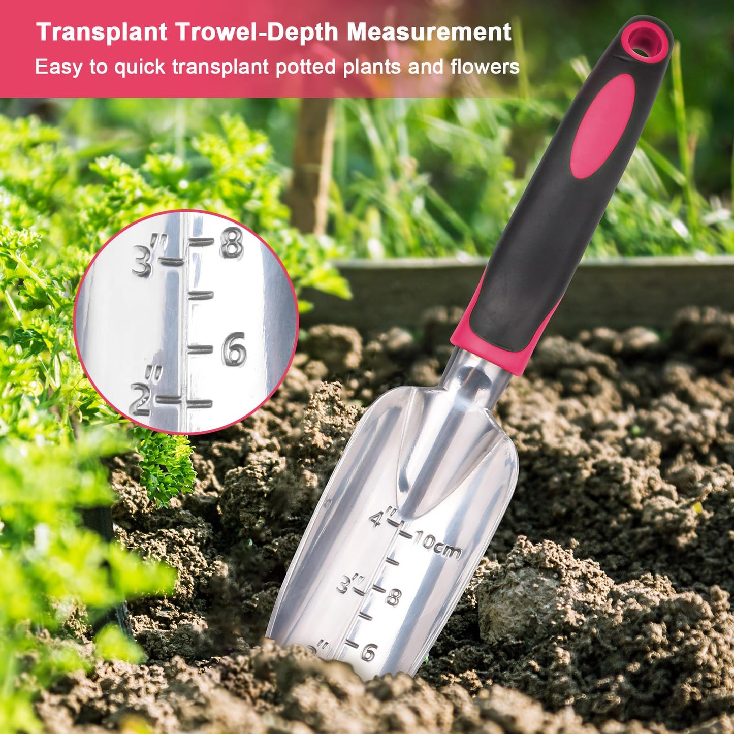 Garden Tools Set, 3 Pack Heavy Duty Gardening Tools Set Include Garden Shovel, Transplant Trowel and Hand Rake with Ergonomic Handle, Aluminum Alloy Lawn for Planting Tools, Red