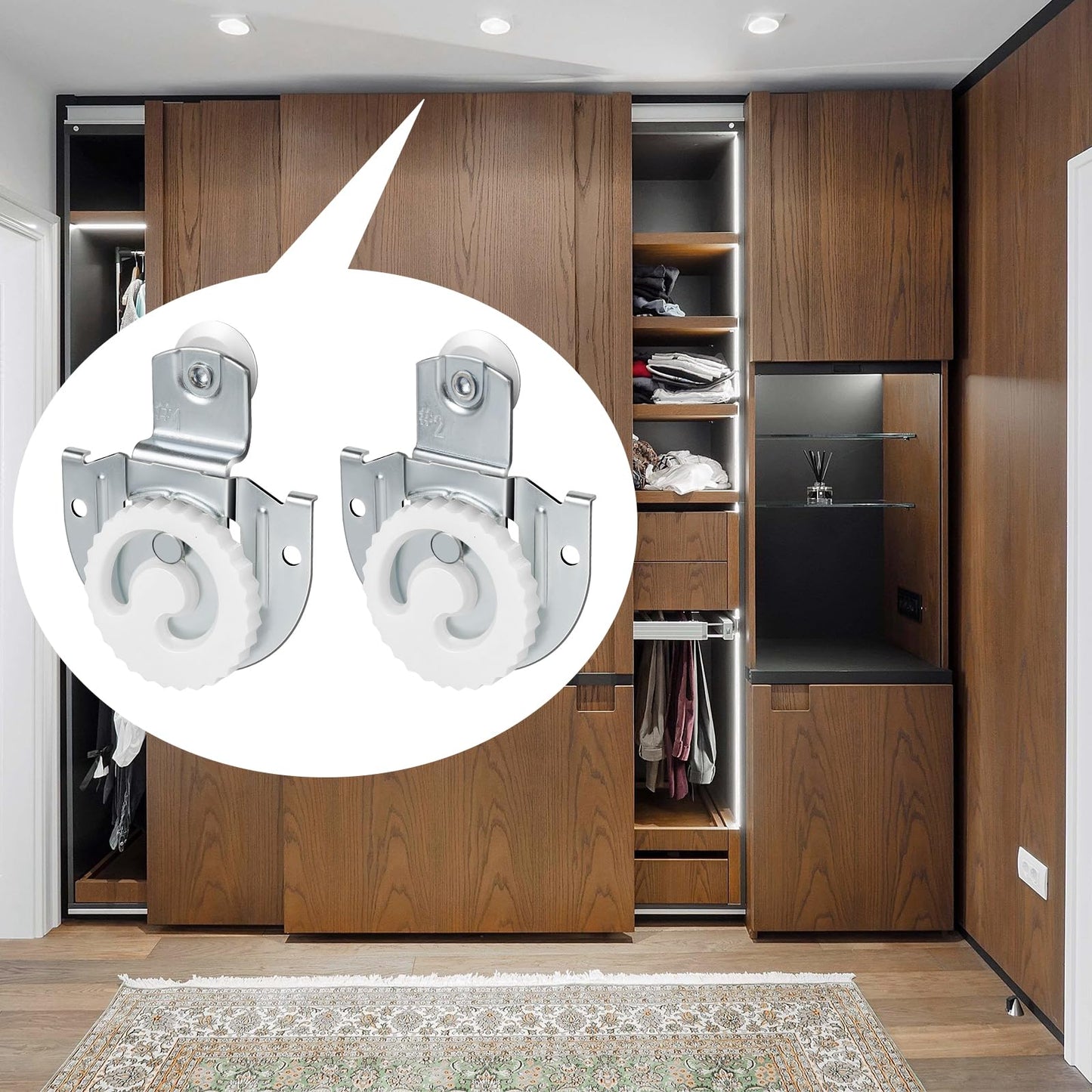 Sliding Closet Door Hardware Set, Sliding Wardrobe Door Hardware Roller Kit Includes Knob Adjustable Door Hooks and Screws