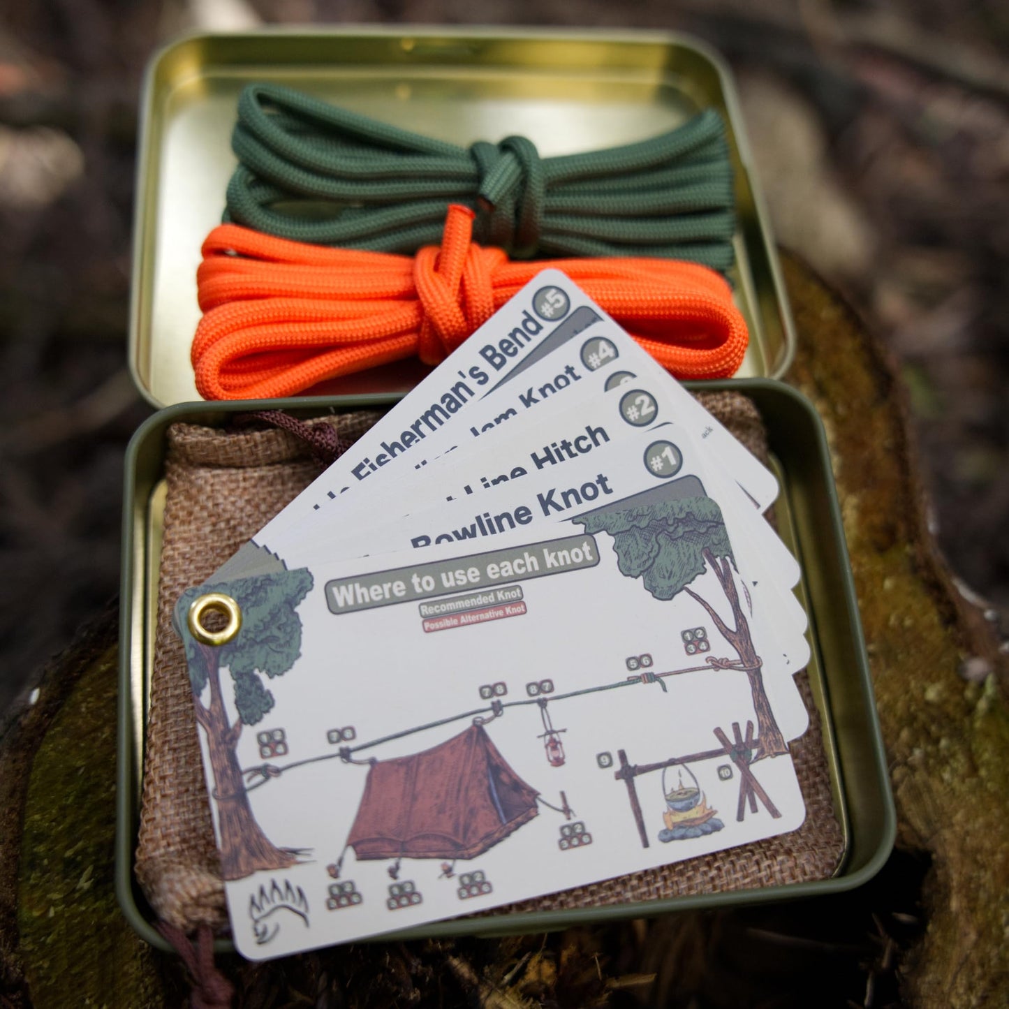 The Bear Essentials Outdoors Knots Tying Kit, includes Waterproof Knot Tying Cards, 2 Practice Ropes, Bushcraft Tin, Burlap Sack | for Outdoor Survival, Backpacking, Hiking & Scouts - Regular Kit
