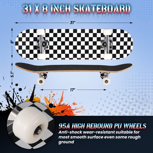 ANYFUN Pro Complete Skateboards for Beginners Girls Boys Kids Youths Teens Adults 31"x8" Skate Boards 7 Layers Canadian Maple Double Kick Deck Concave Longboard (Checkerboard)