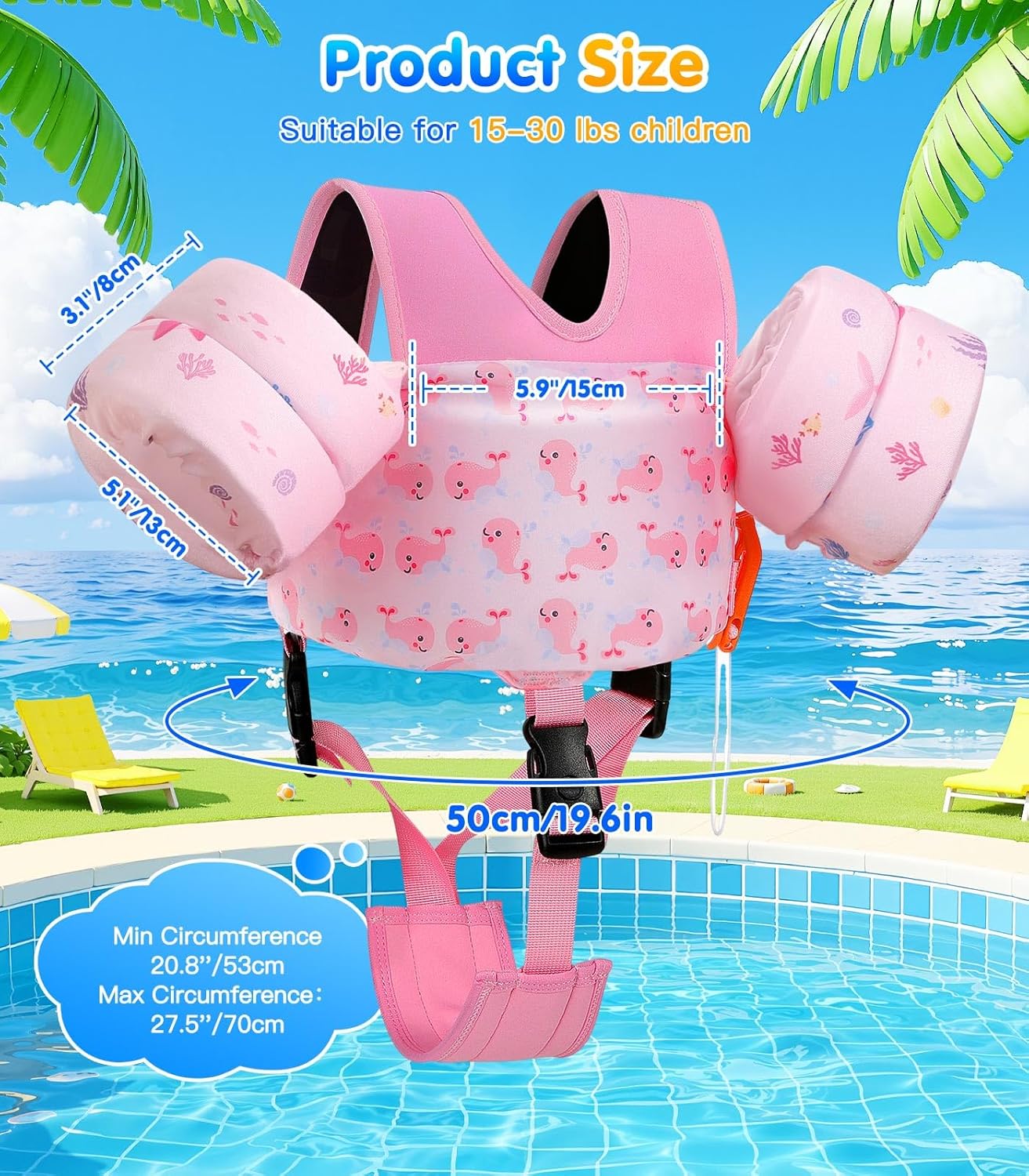 MoKo Toddler Swim Vest - Cartoon Water Wings with Crotch Strap | Floaties for 15-66 lbs Kids
