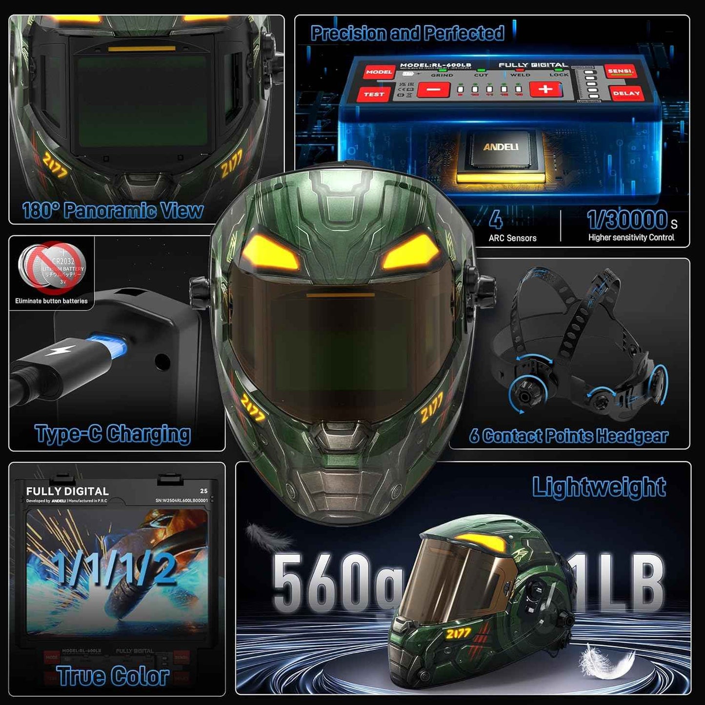 ANDELI Auto Darkening Welding Helmet - 180° Panoramic View, Solar & Rechargeable, True Color Shade 4/5-9/9-13