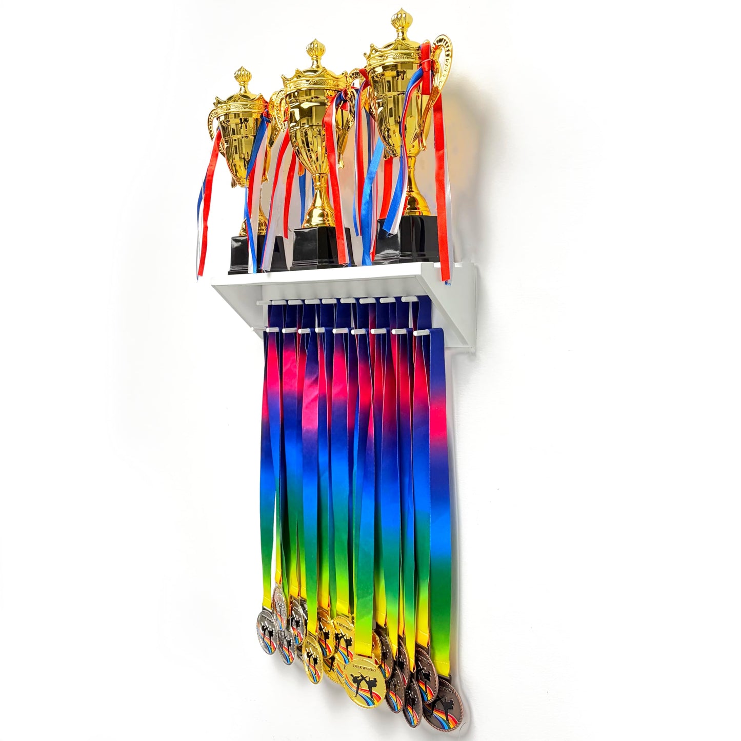 Medal Hanger Display and Trophy Shelf with Hooks - Wooden Medal Holder for Wall Mount Ribbon Display, Trophy Display Shelf for Gymnastics, Soccer, Running Race Medals Awards Rack (WHITE, 16")