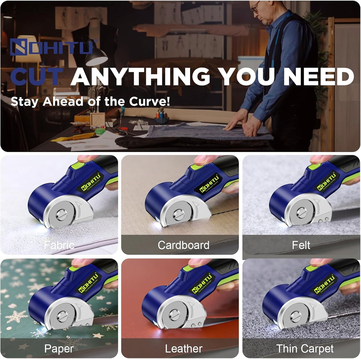 Rechargeable Cordless Electric Scissors - 4V Rotary Cutter with LED Light & 2 Blades for Fabric, Cardboard, and Plastic