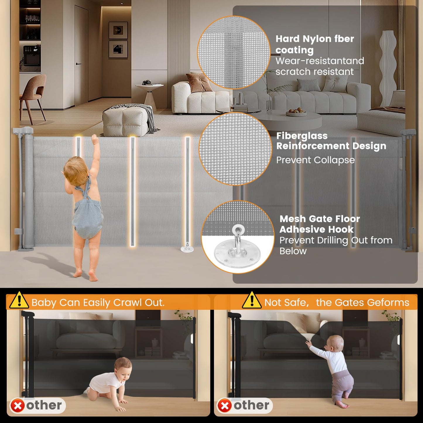 Innovative Retractable Baby Gates with Reinforced Strip,150" Extra Wide Mesh Baby Gate, 35" Tall One-Handed Operation, Double Locking Desion for Doorways Hallways Indoor Outdoor