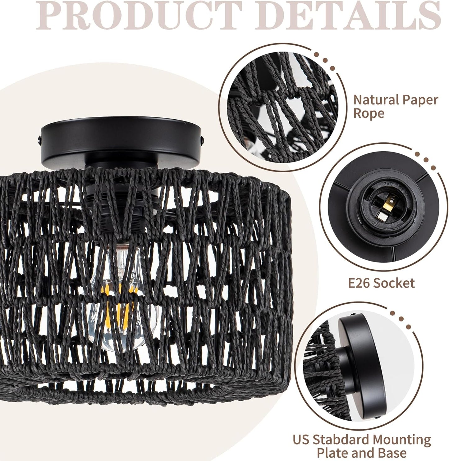 Bohemian Rattan Ceiling Light Fixture - 3-Light Woven Flush Mount for Bedroom & Living Room