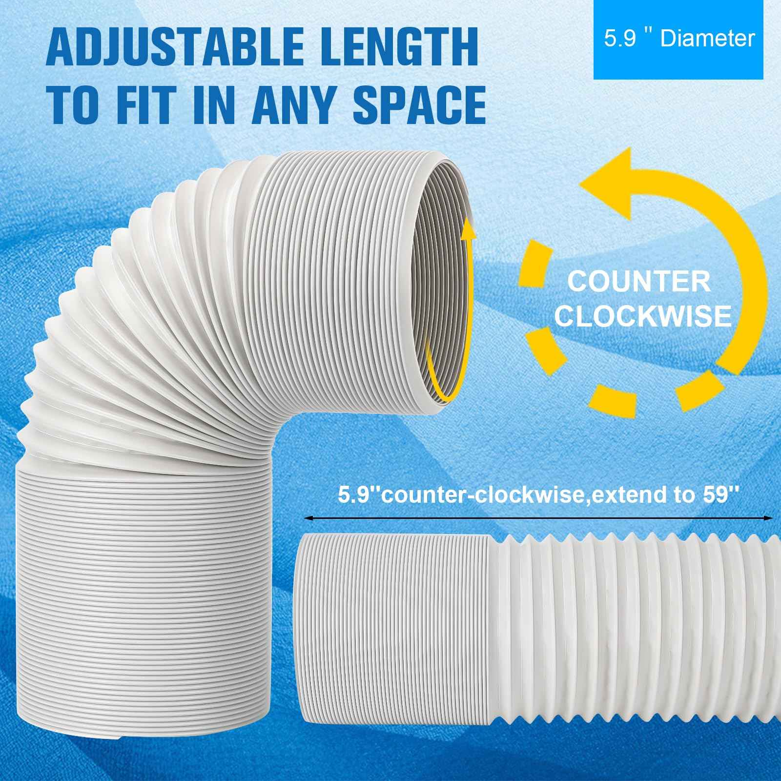 Portable Air Conditioner Hose Kit AC Hose with Adapter 5.9" Dia 59" Length Flexible Exhaust Hose and AC Unit Tube Connector for Portable Air Conditioner Vent