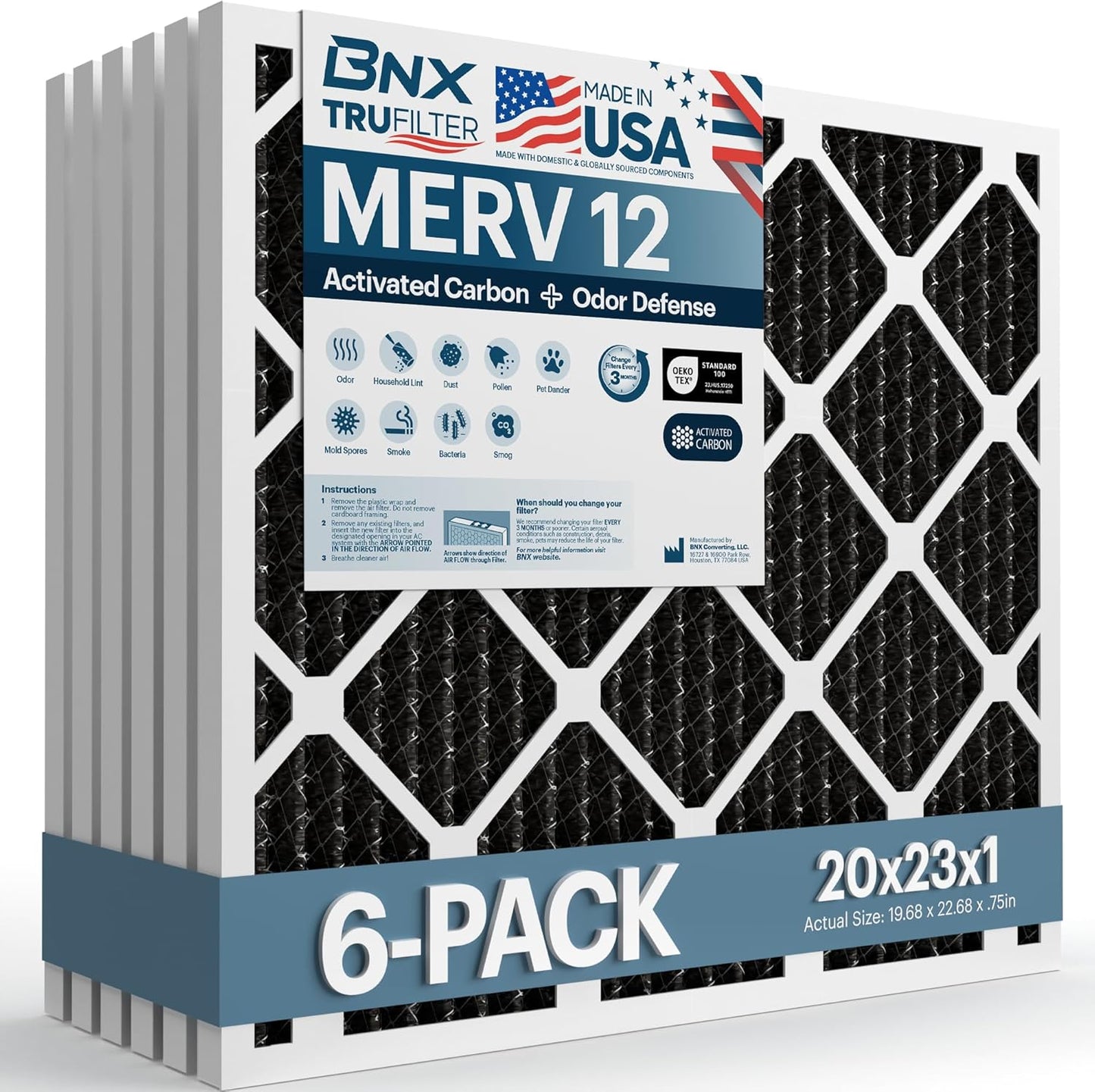 BNX TruFilter 12x12x1 MERV 8 Air Filters (6-Pack) - USA-Made Dust & Pet Defense for HVAC