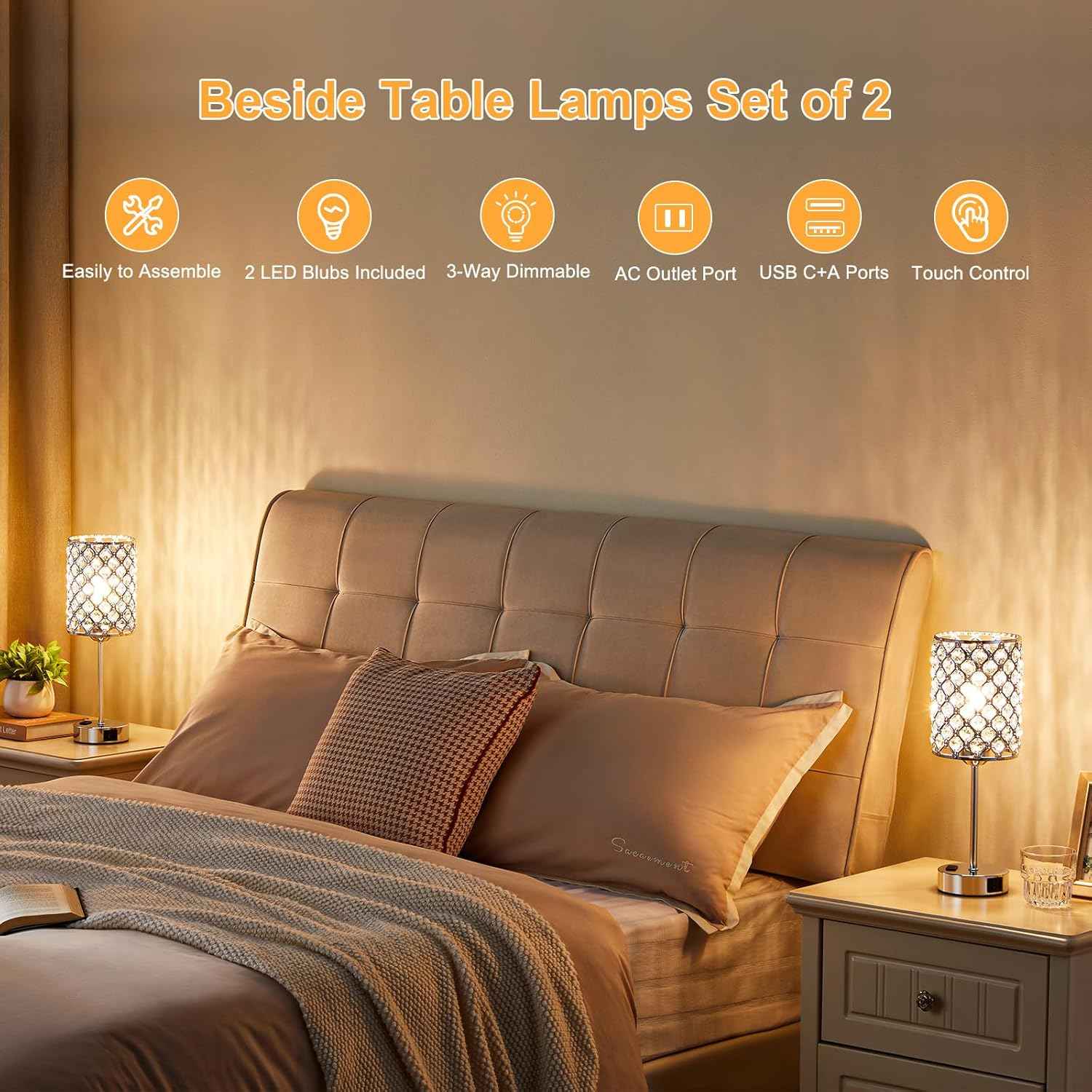 Dimmable Touch Control Crystal Table Lamp Set of 2 with USB-C & AC Ports - Elegant Nightstand Lighting for Bedroom & Living Room