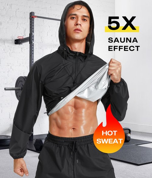 Junlan Sauna Jacket for Men Sweat Jacket Zipper Hoodie Sauna Suit for Workout (Black, Large)