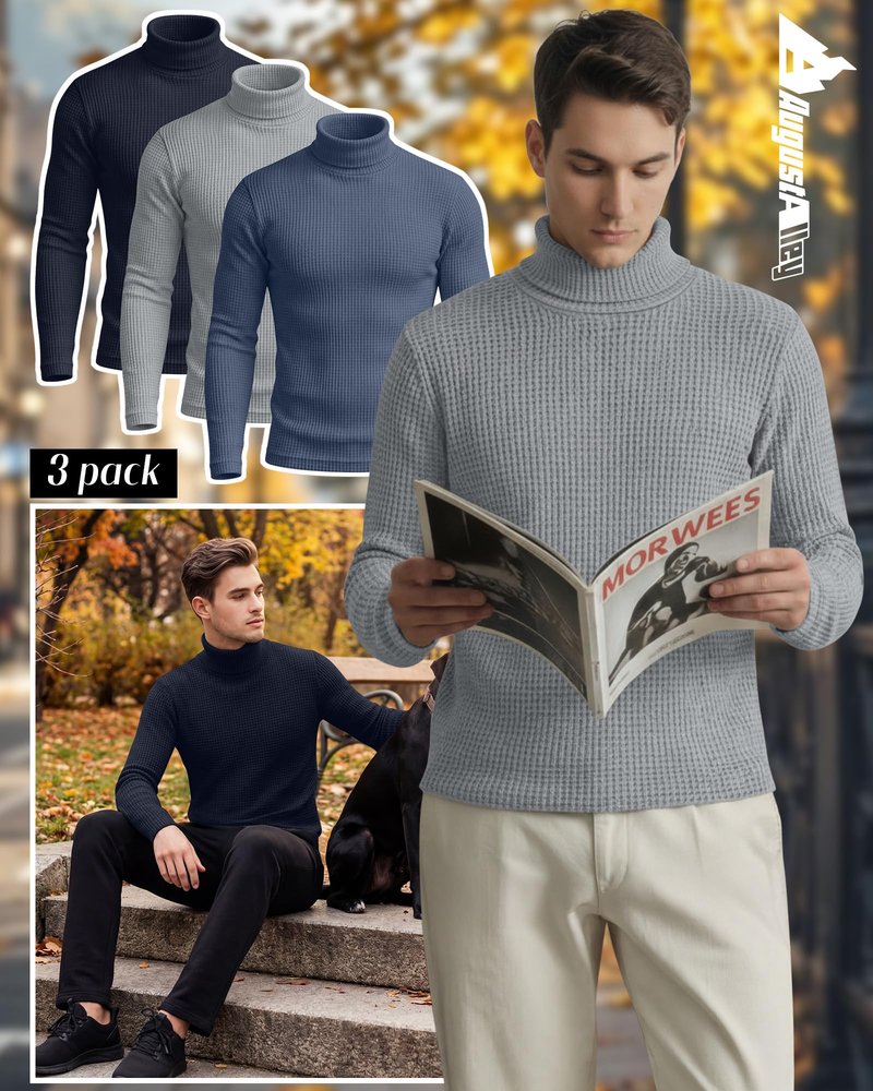 August Alley 3 Pack Men's Waffle Turtleneck Long Sleeve Shirts Slim Fit Pullover Sweater Thermal Undershirt Soft Base Layer(Navy Blue, Gray, Haze Blue,Large)