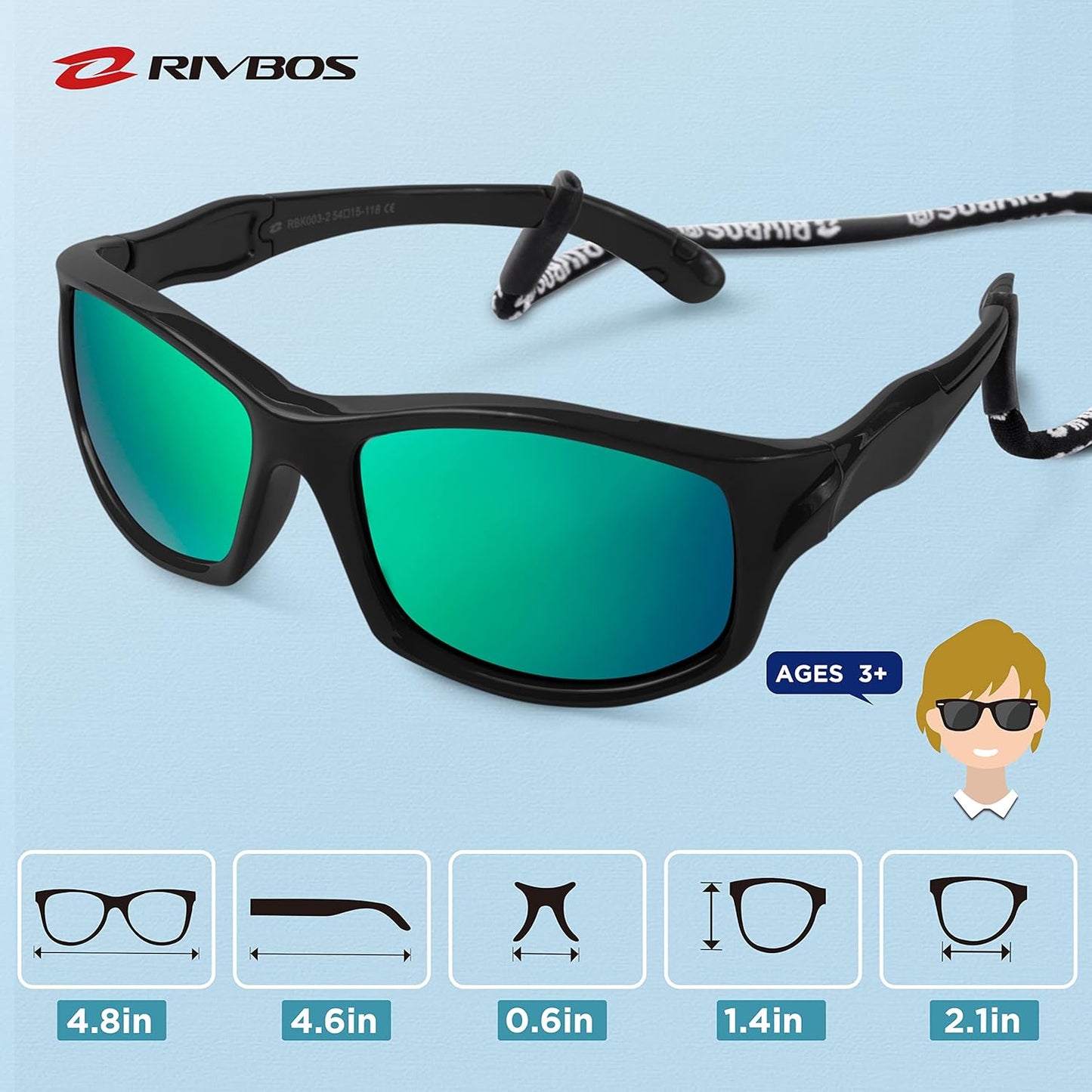 RIVBOS Kids Sunglasses - Polarized UV Protection & Flexible Rubber Design | Adjustable Strap for Boys & Girls