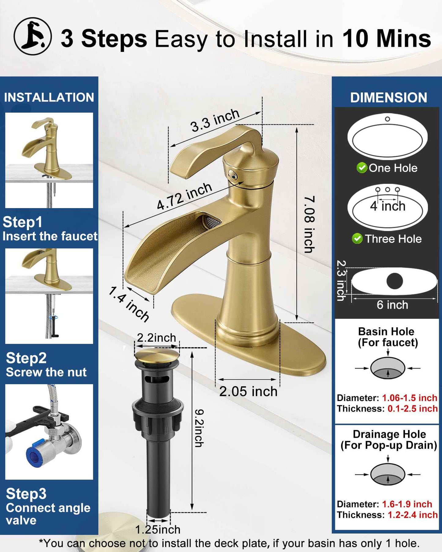 HEYMYTAP Brushed Gold Faucets for Bathroom Vanity Faucet 1 Hole, Brass 4 Inch Waterfall Bathroom Sink Faucet 3 Hole, Single Handle Bathroom Faucet with Deck Plate, Pop-up Drain and Supply Hoses