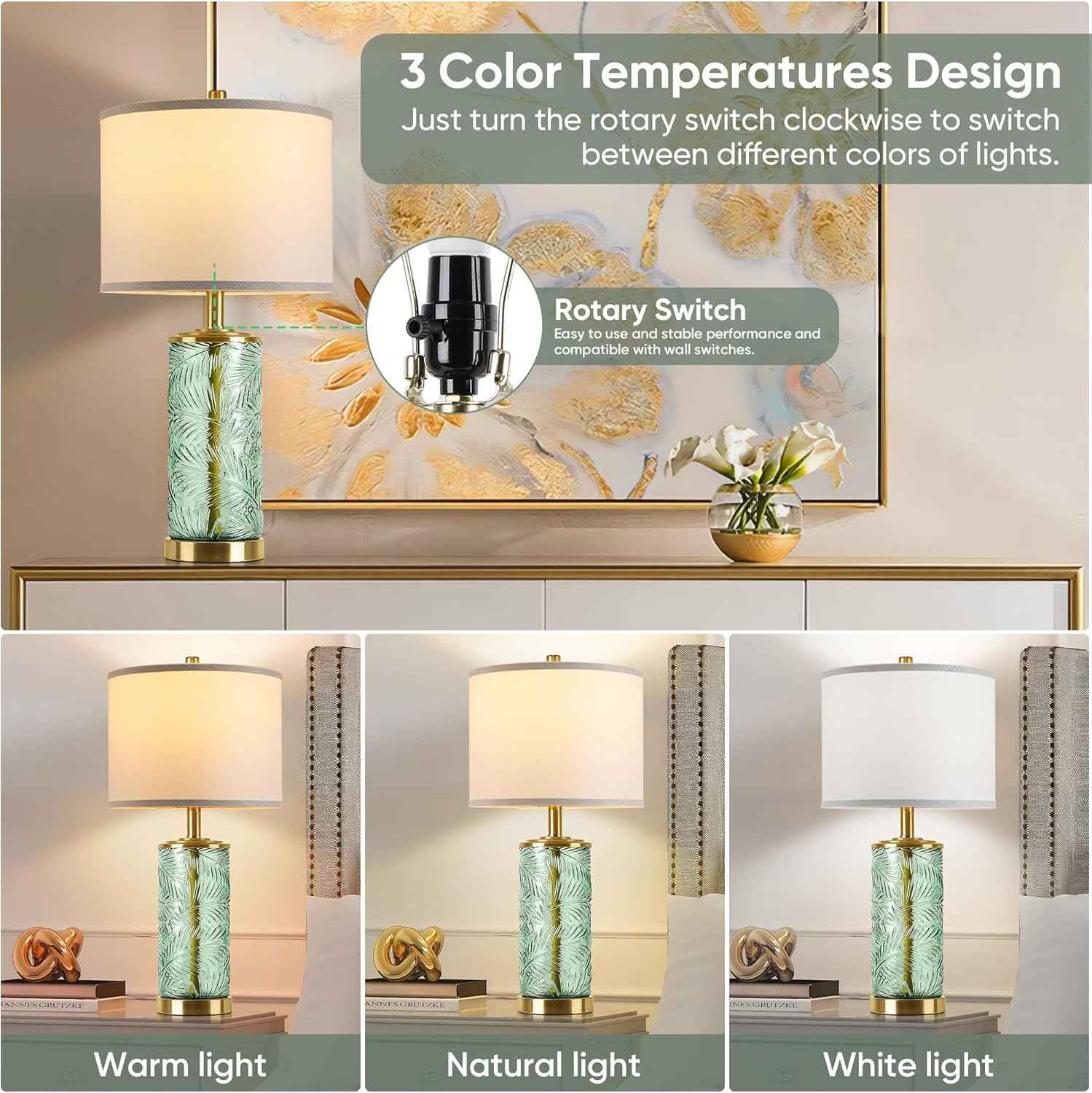 Modern Gold Glass Table Lamp Set of 2 with Palm Leaves Design - Stylish Bedside & Nightstand Lighting for Living Room & Bedroom (Bulbs Included)