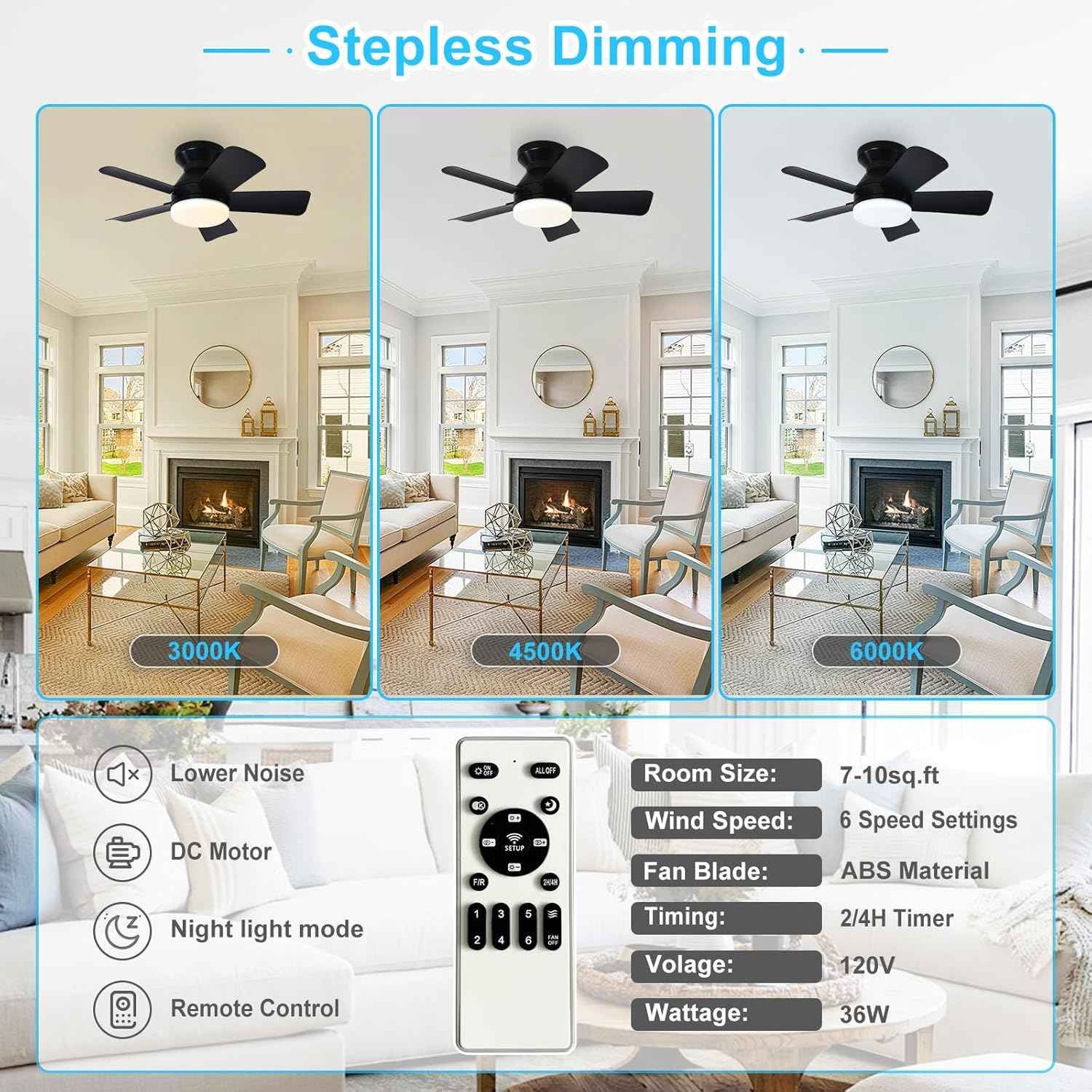 42-Inch Modern Black Ceiling Fan with Light & Remote - Dimmable Low Profile, 5 Reversible Walnut Blades, 6 Speeds for Indoor/Outdoor Use