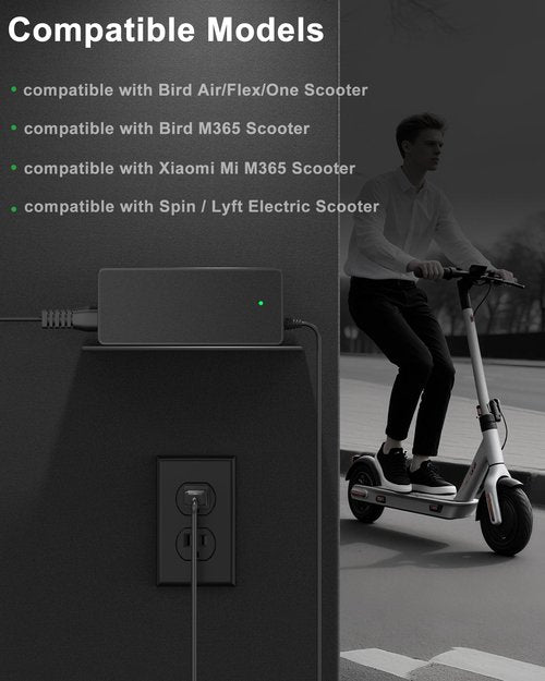 VHBW 42V Charger Compatible with Bird Scooter Charger, fits for Bird Air/Flex/One/M365, Xiaomi Mi M365, Lyft and Spin Rental Scooters, LED Indicator & 9.8Ft Long