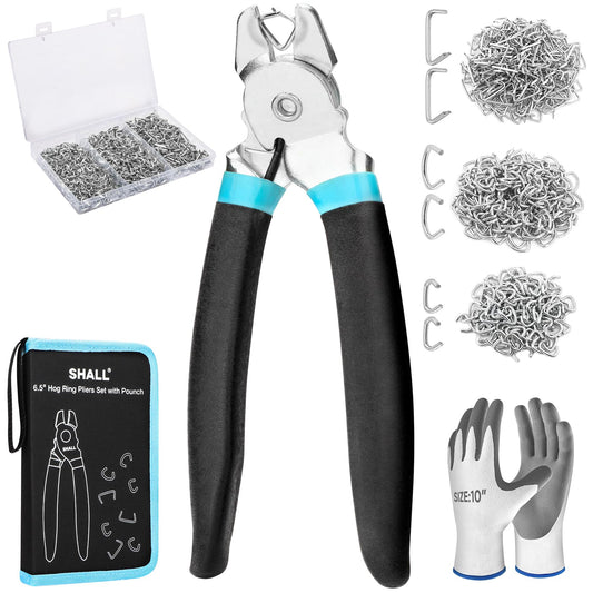 SHALL Bent Hog Ring Pliers Kit with 600pcs Galvanized Hog Rings (3/8’’, 1/2’’, 3/4’’) for Upholstery, Fence, Animal Pet Cages, Bungee Cords, Bagging, Protective Gloves, Storage Case & Bag Included