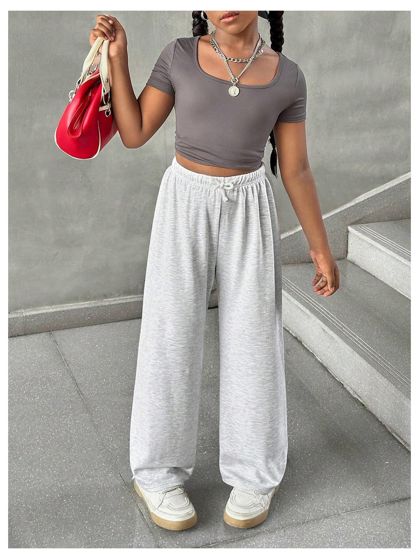 RoseSeek Girl's Sweatpants Drawstring Waist Wide Leg Pants Casual Athletic Trousers Baggy Workout Summer Pants Grey 12 Years