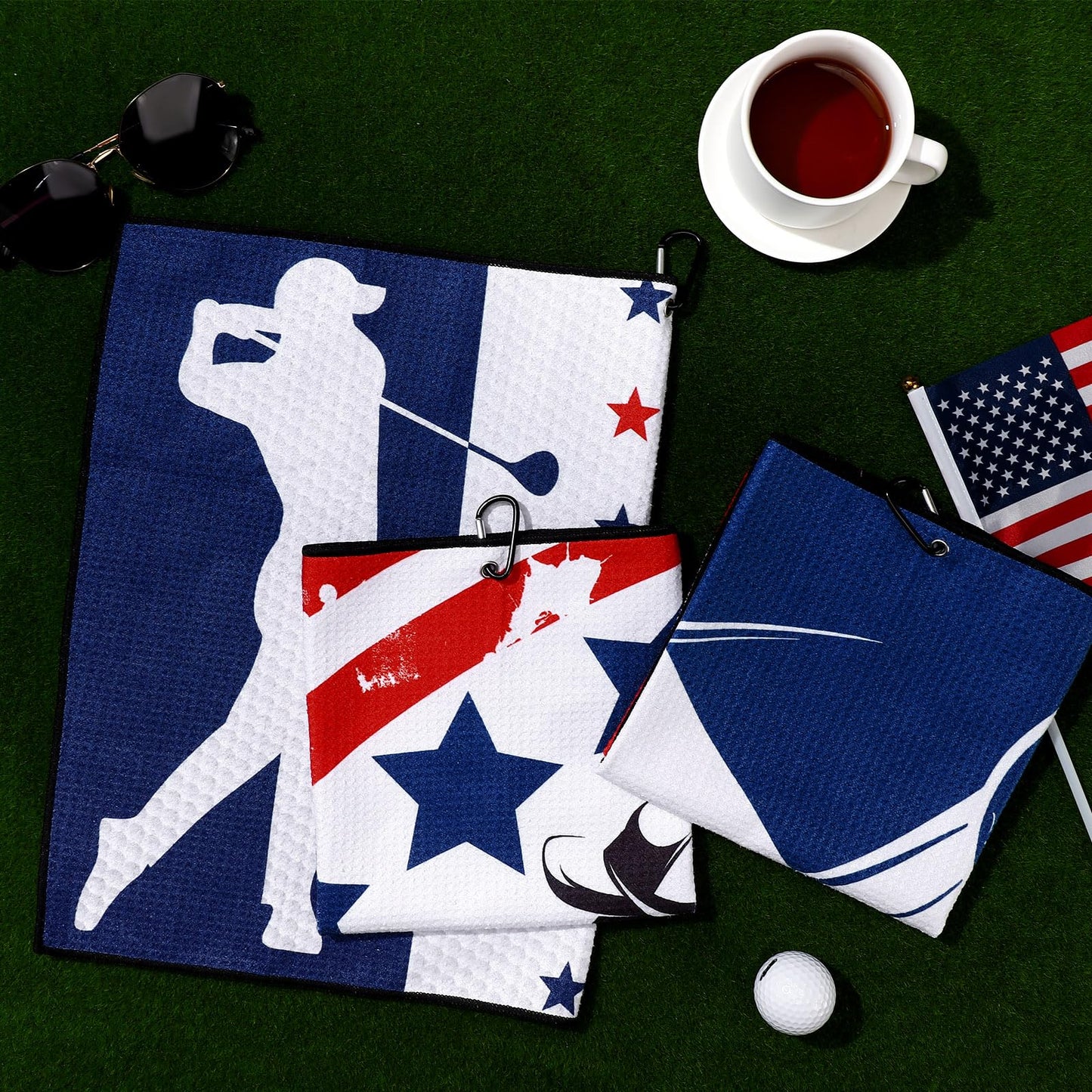 Mixweer 3 Pcs Microfiber Golf Towels - American Flag Sports Towel with Clip, 24 x 16 Inch