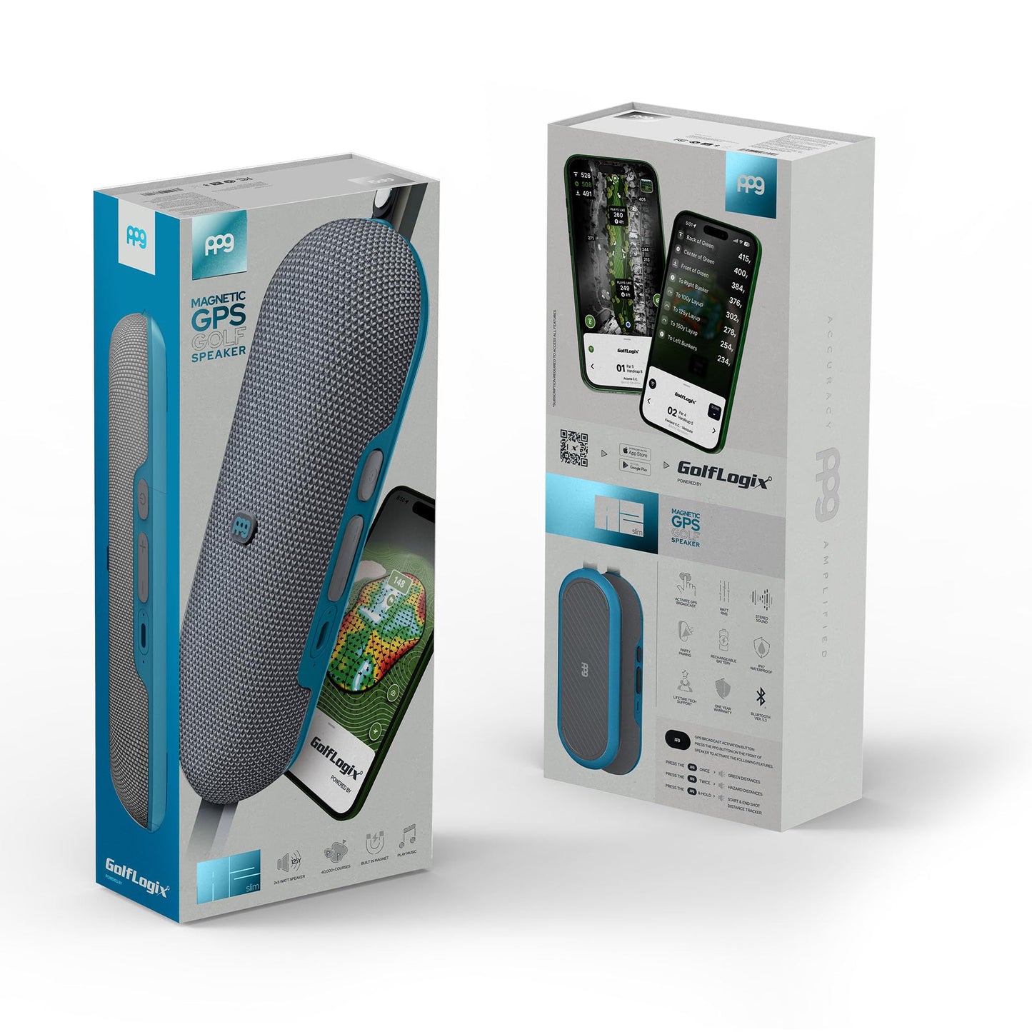 PPG Golf Speaker with GPS Powered by Golf Logix – 40K+ Courses,Stereo Sound, Magnet Mount, IPX7 Waterproof, USB-C Rechargeable, Long Lasting Battery, Blue
