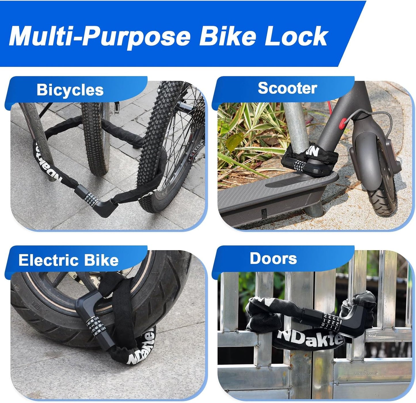 NDakter Heavy-Duty Bike Chain Lock - 4-Digit Combination Security | 1.64 to 4.28 Ft Length for E-Bikes & Scooters
