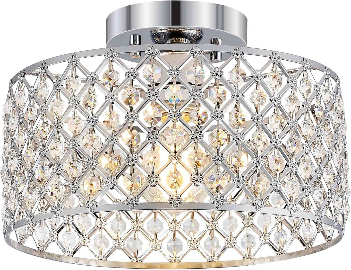 Modern Black Crystal Semi Flush Mount Ceiling Light Fixture - 11.2" Round Chandelier for Dining Room, Hallway, Kitchen & Bedroom