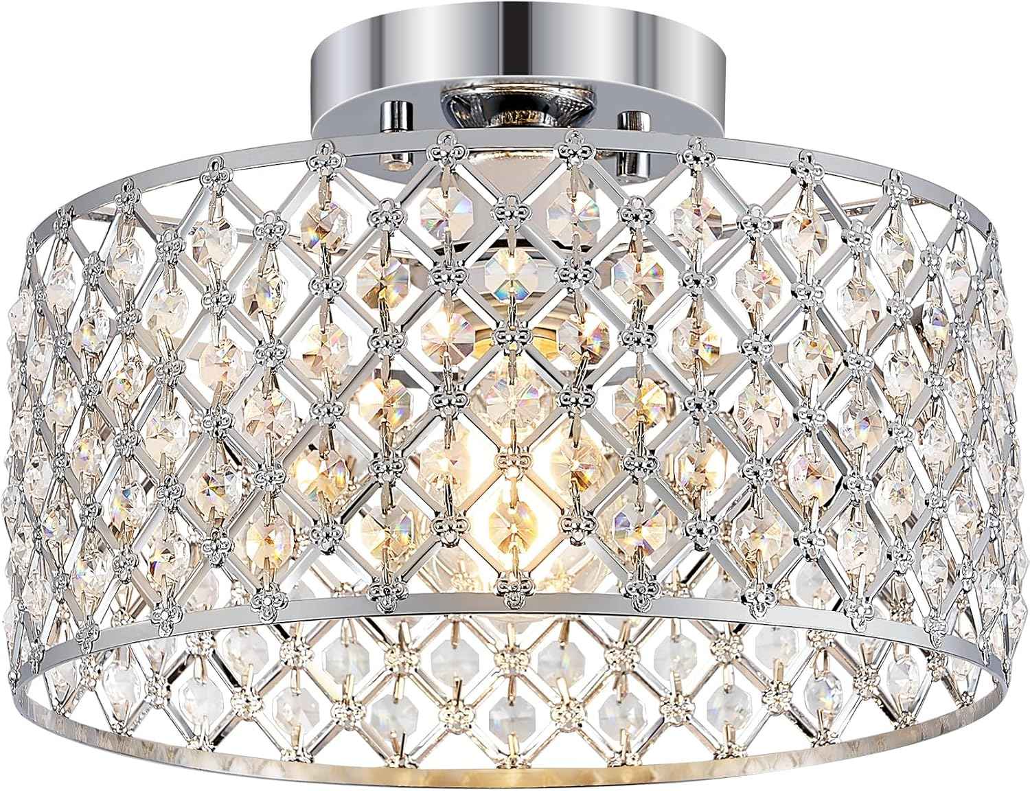 Modern Black Crystal Semi Flush Mount Ceiling Light Fixture - 11.2" Round Chandelier for Dining Room, Hallway, Kitchen & Bedroom