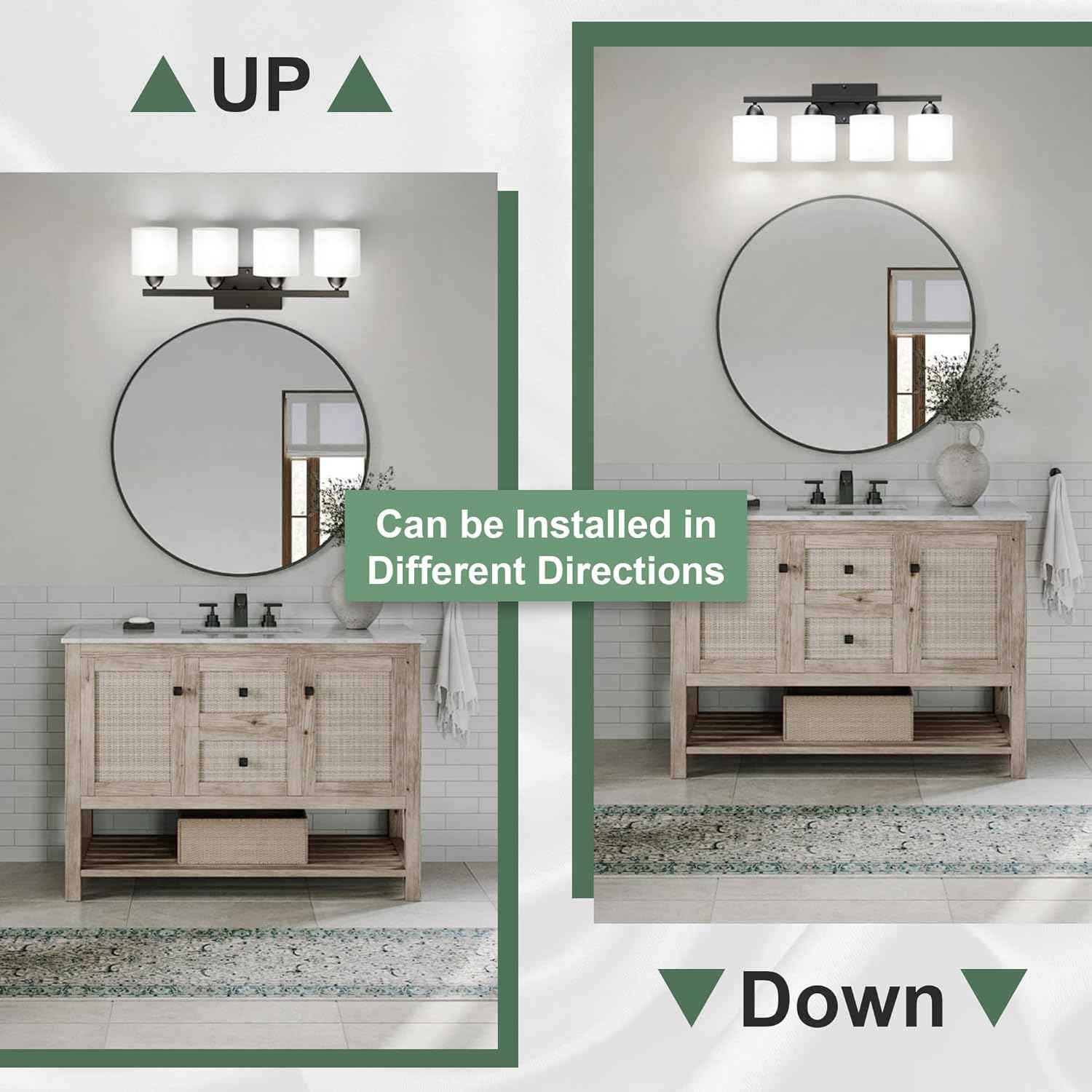 Modern 4-Light Bathroom Vanity Light Fixture - Anti-Rust Over Mirror Sconce with Milky White Glass Shades, E26 Base