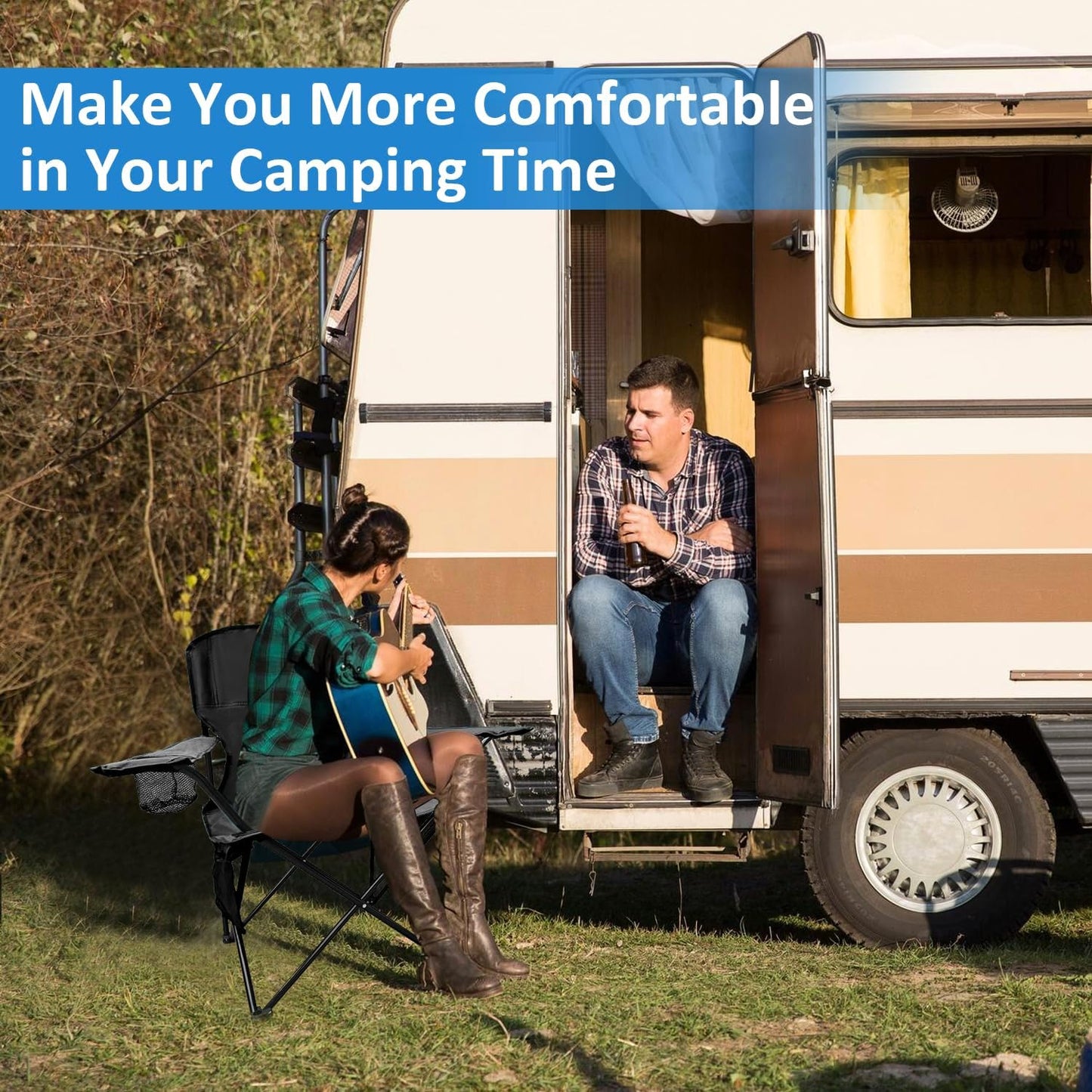 Skiennix Folding Camping Chair - Portable High Back Outdoor Chair with Cup Holder & Storage Bag - Supports 300lbs - Black