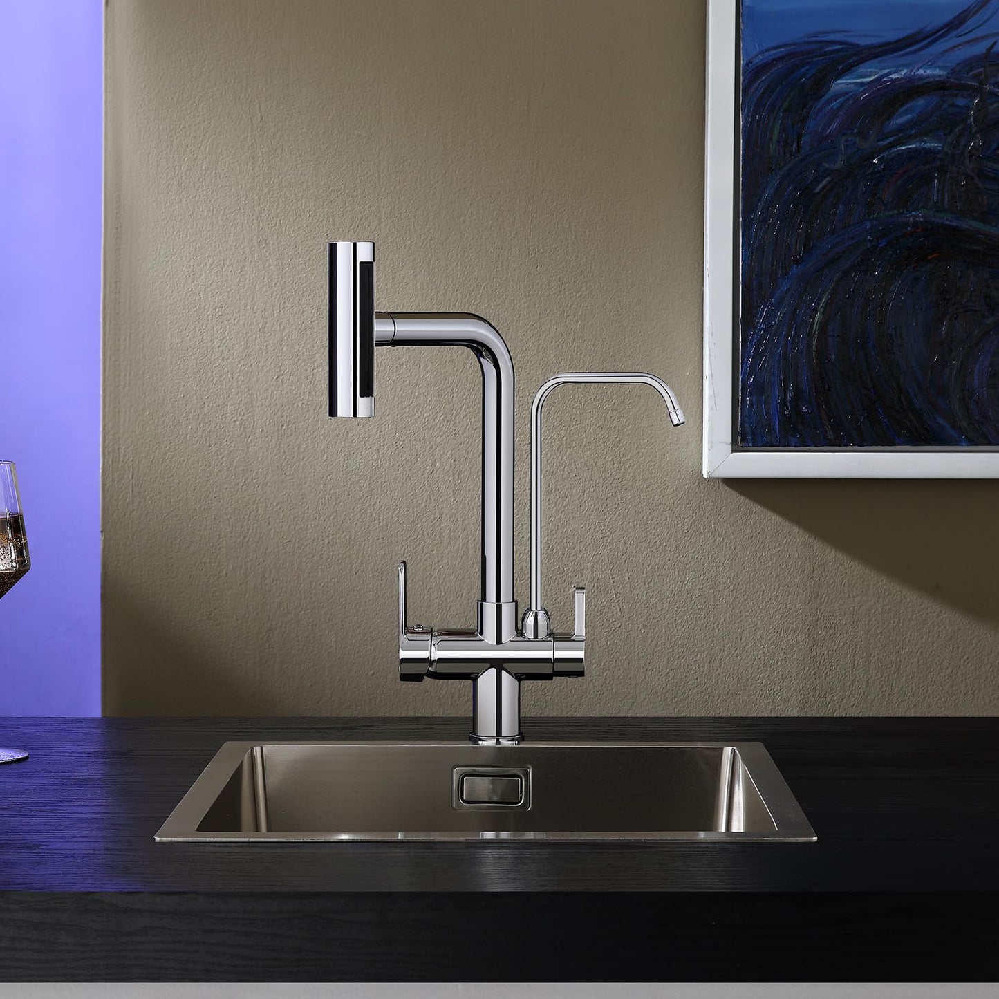 TSIBOMU Dual Handles Kitchen Sink Faucet with Drinking Water Faucet, 3 Way Pull Out Kitchen Faucet with 3-Function Sprayer for Water Filtration System, Chrome