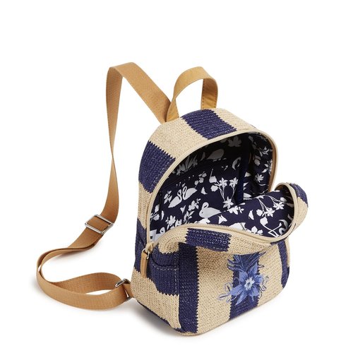 Mini Straw Backpack, Navy Stripe Straw, One Size