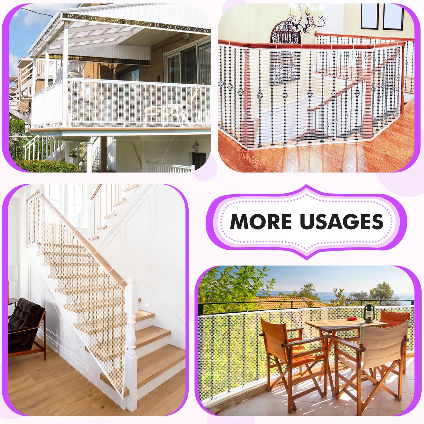 tupi Banister Guard for Baby - 10ft Lx 3ft H, Premium Balcony Netting for Pets, Child Safety Net, Stair Railing Proof Mesh for Kids, Toys, Pets - White
