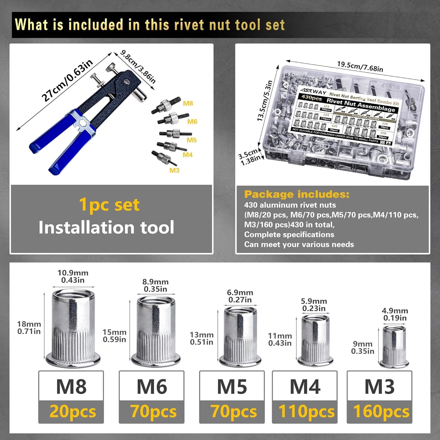 430-Piece Metric Rivet Nut Tool Kit - M8/M6/M5/M4/M3 for Automotive, Furniture & Industrial Use