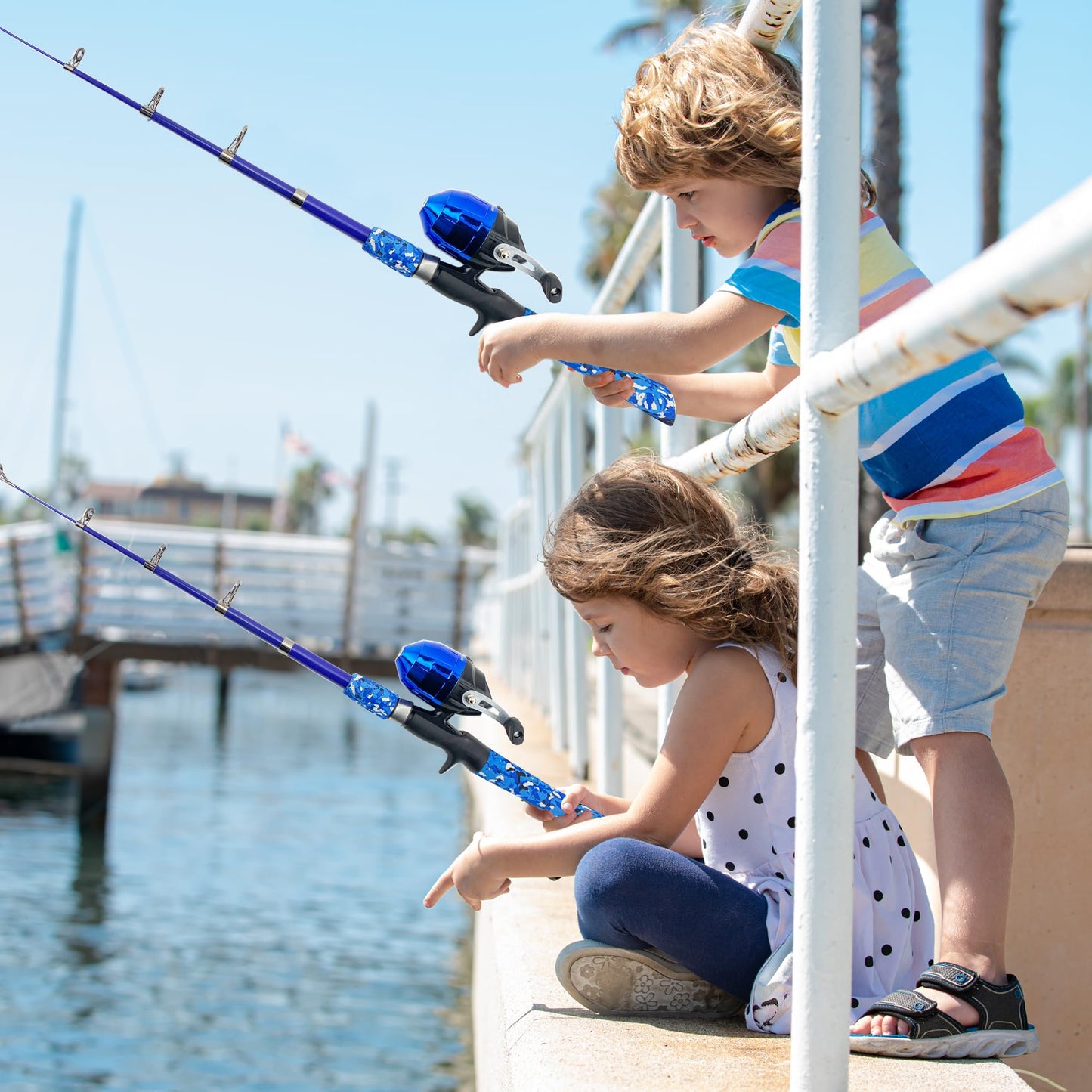 WIDDEN Kids Fishing Pole, 2 Pack Kids Fishing Rod Portable Fishing Rod with Double-Layer Tackle Box, Fishing Line, Reel, Bucket, Net for Boy, Girl, Youth, Beginner Blue