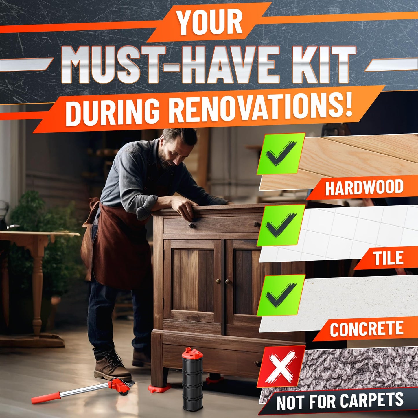 Furniture Lifter Tool with 4 Appliance Rollers 660 Lbs - Furniture Lifters for Heavy Furniture Movers with Wheels Furniture Lift Mover Tool Set - Heavy Furniture Sliders Moving Furniture Gliders Red