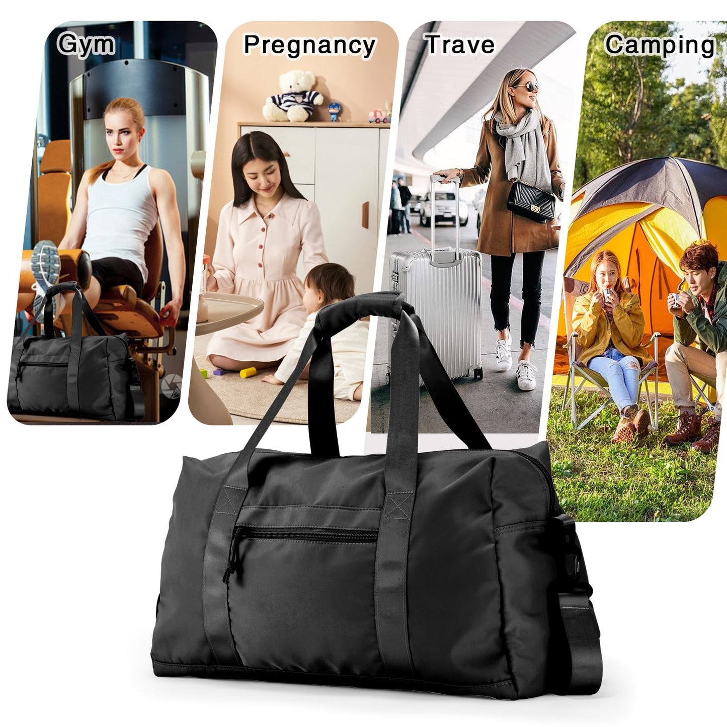 Travel Duffle Bag,Sport Gym Bag for Men And Women with Wet Pocket,Weekender Bag Carry On Tote Bags for Airplane (Black, M)