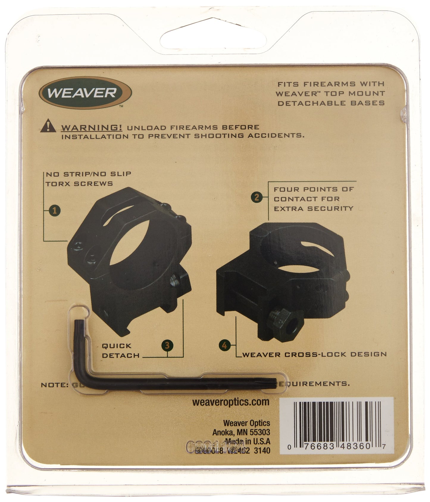 WEAVER 1" Medium 4-Hole Skeleton Scope Rings Aluminium Construction