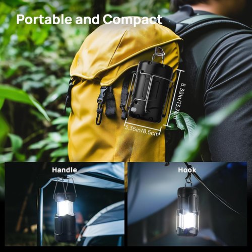 Consciot Collapsible LED Camping Lantern - USB C Rechargeable & Battery Powered | 2-in-1 Emergency Light, Black